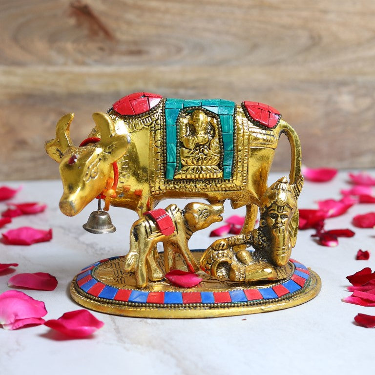 Engraved Cow and Calf & ladu gopal Statue for Home, Living Room, Office Decor | Showpiece for Decoration, Gift