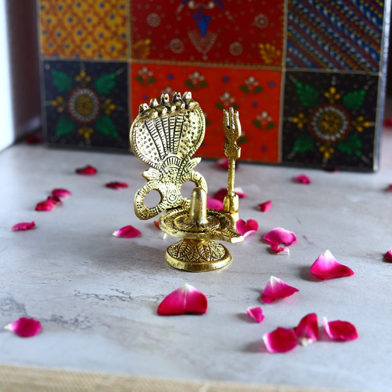 Metal Shivling with Sheshnaag and Trishul Statue