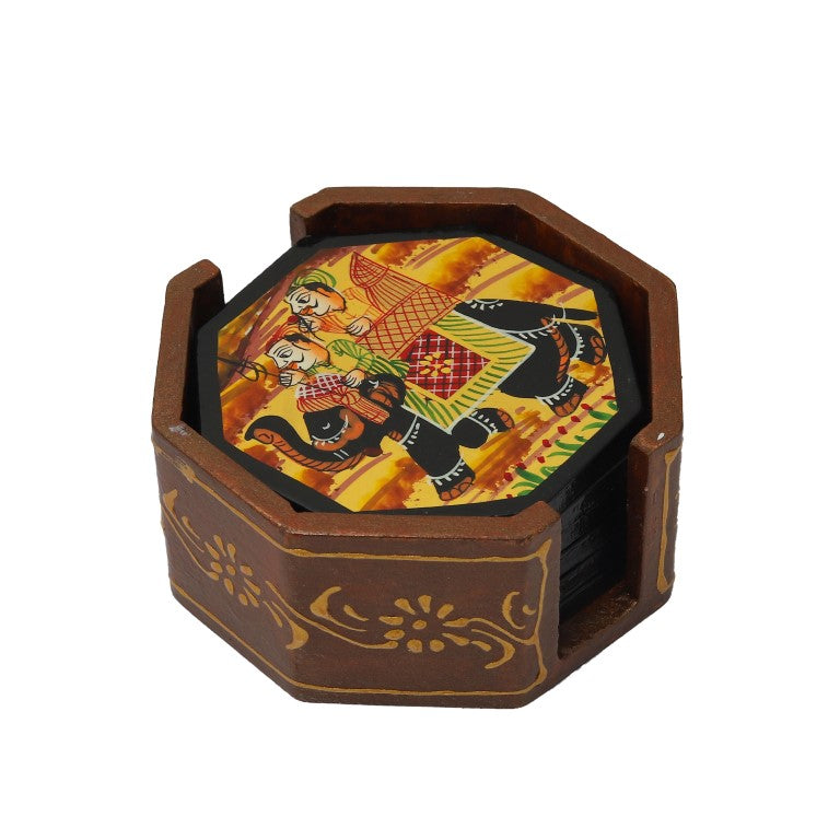Elephant printed wooden tea coaster set