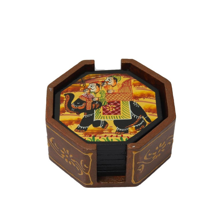 Elephant printed wooden tea coaster set