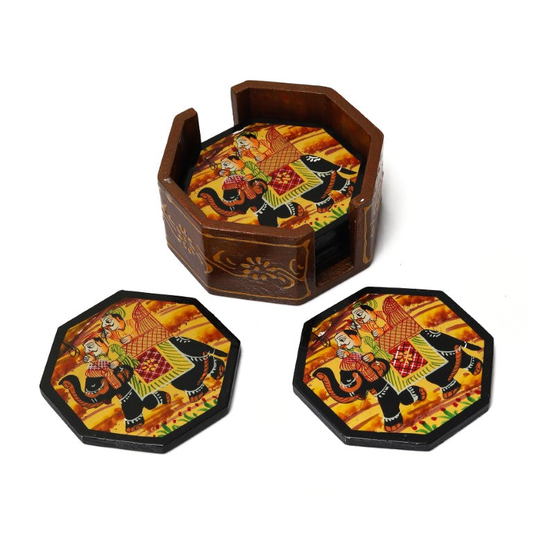 Elephant printed wooden tea coaster set