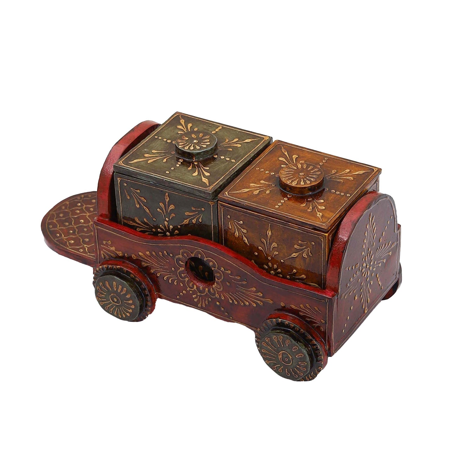Handpainted Wooden Dry Fruit Box Set with Tray on Wheels