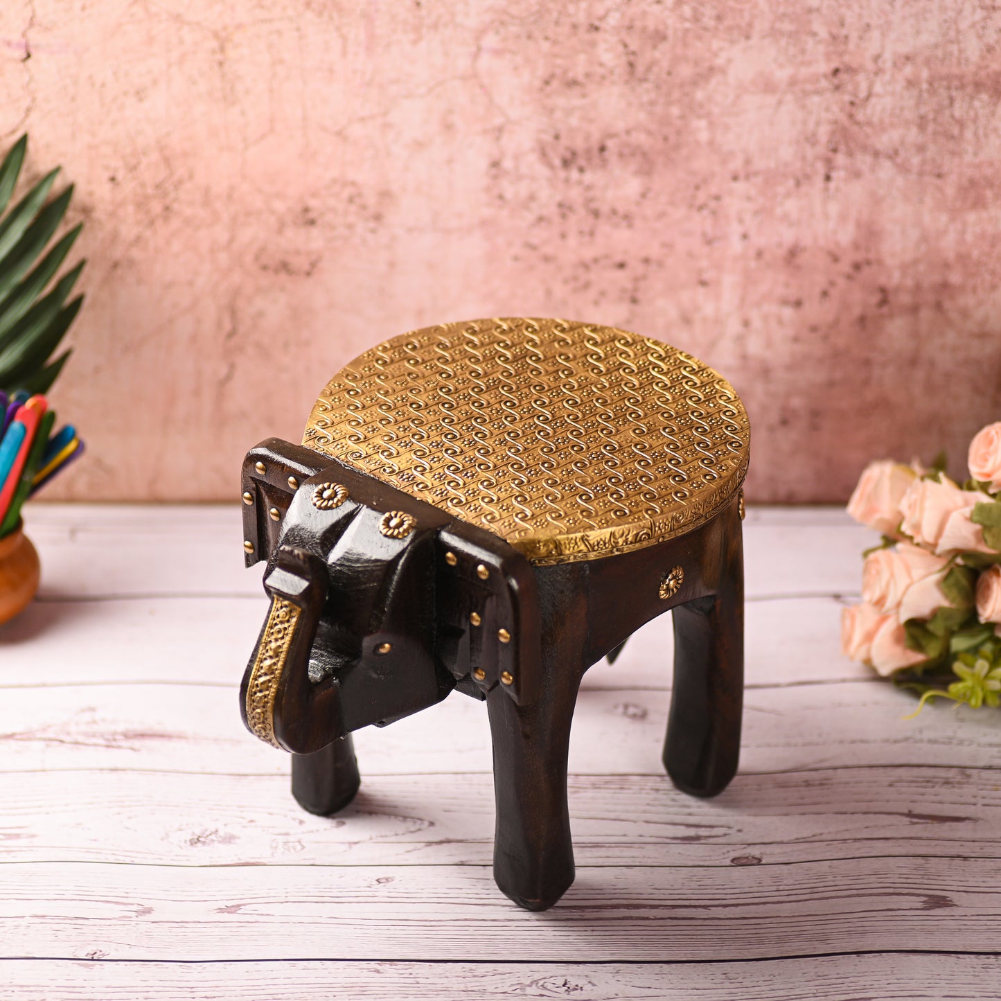 Wooden Brass Fitted Elephant Stool 8" Home Decorative Footstool Decorative Showpiece