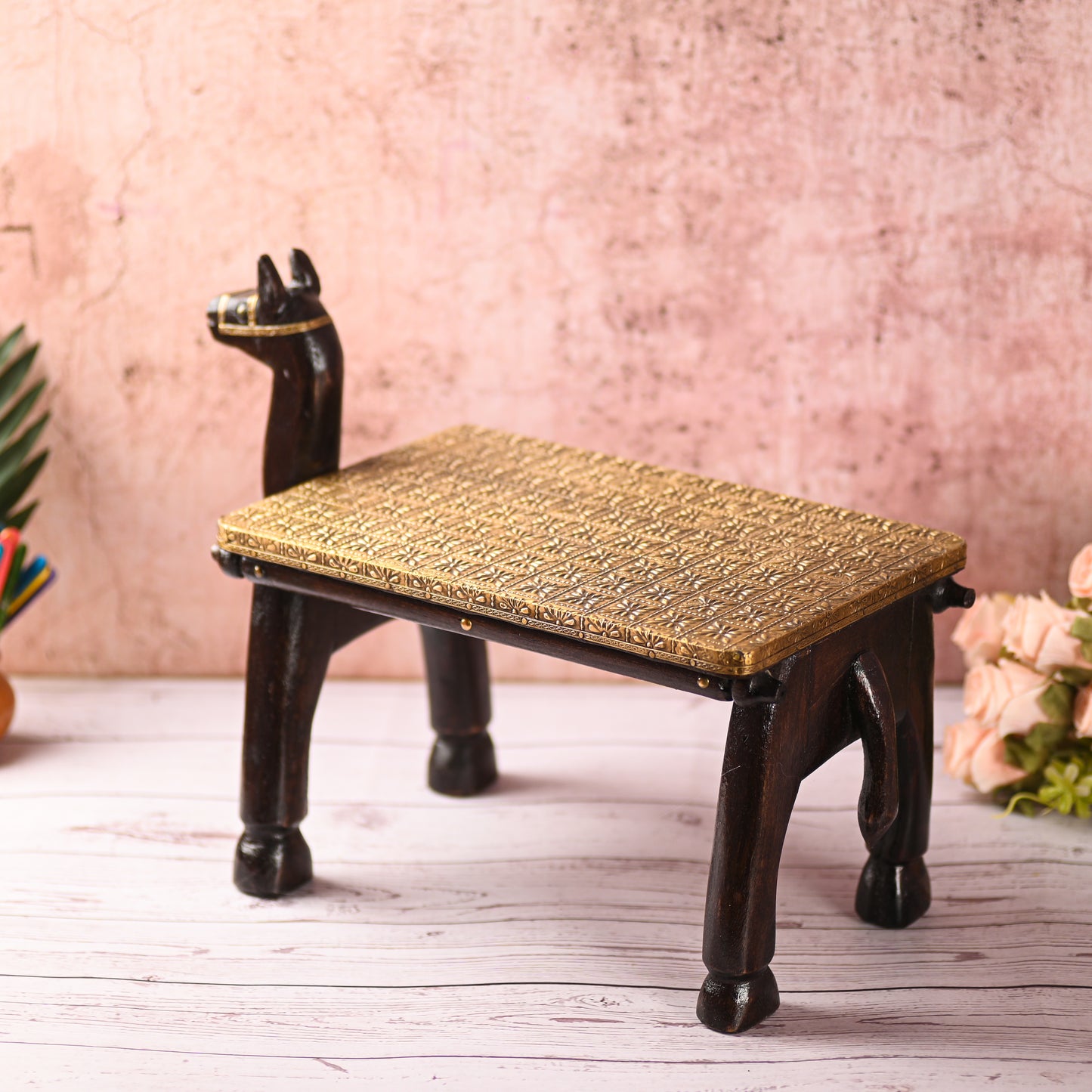 Wooden Camel Head Table/Brass Floral Fitting Stool/Indian Furniture/Wood Carved Side Table/Wood And Brass Work Bench/Folk Art