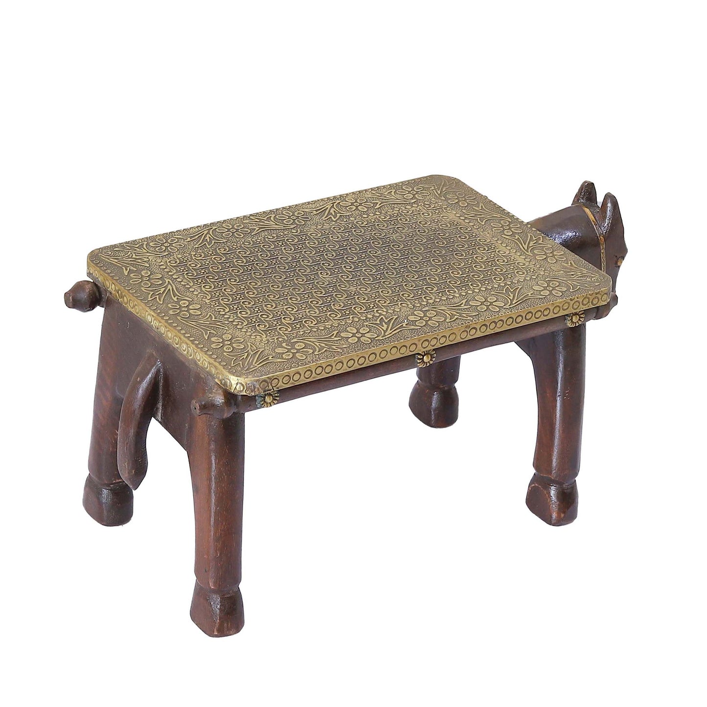 Wooden Horse Head Table/Brass Floral Fitting Stool/Indian Furniture/Wood Carved Side Table/Wood And Brass Work Bench/Folk Art