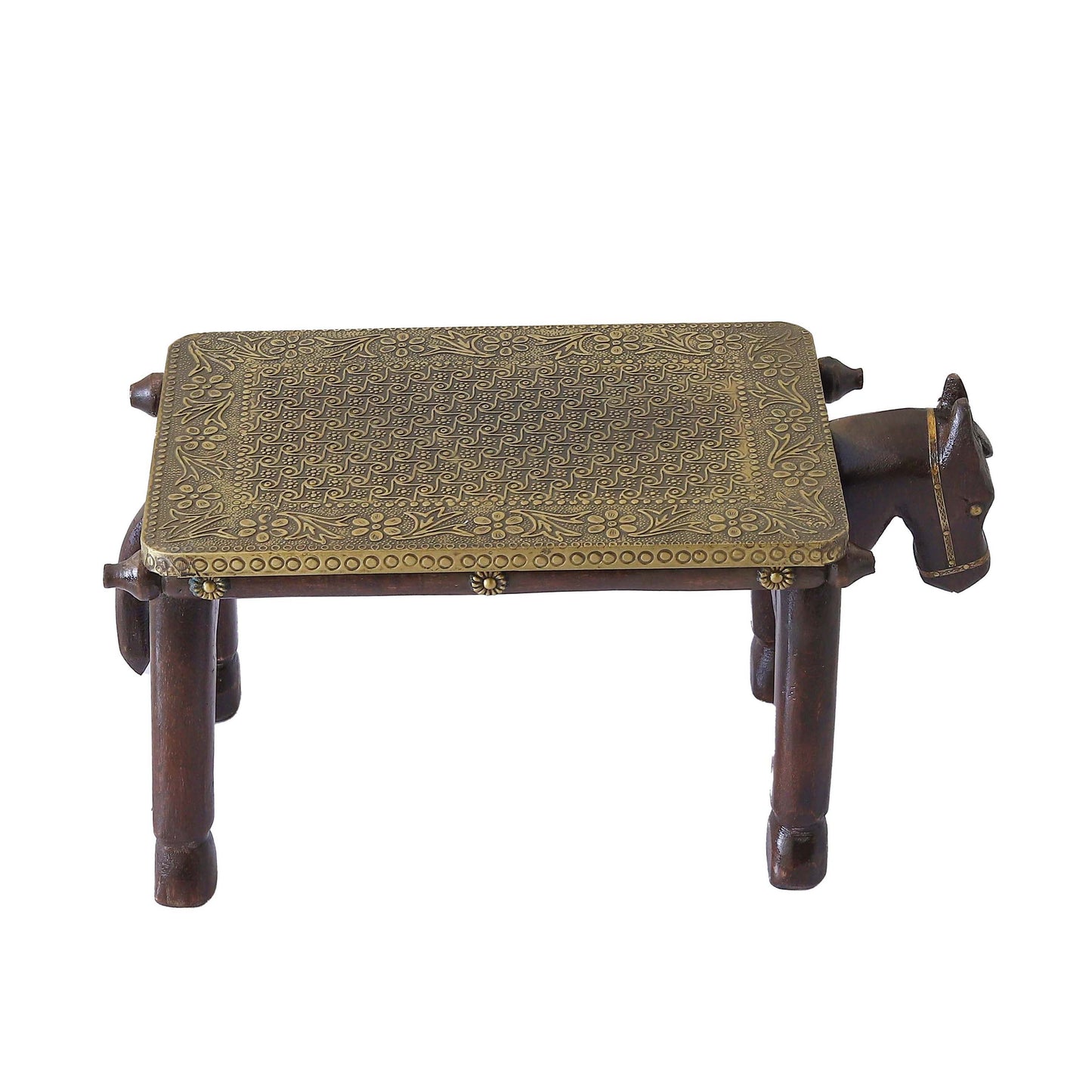 Wooden Horse Head Table/Brass Floral Fitting Stool/Indian Furniture/Wood Carved Side Table/Wood And Brass Work Bench/Folk Art