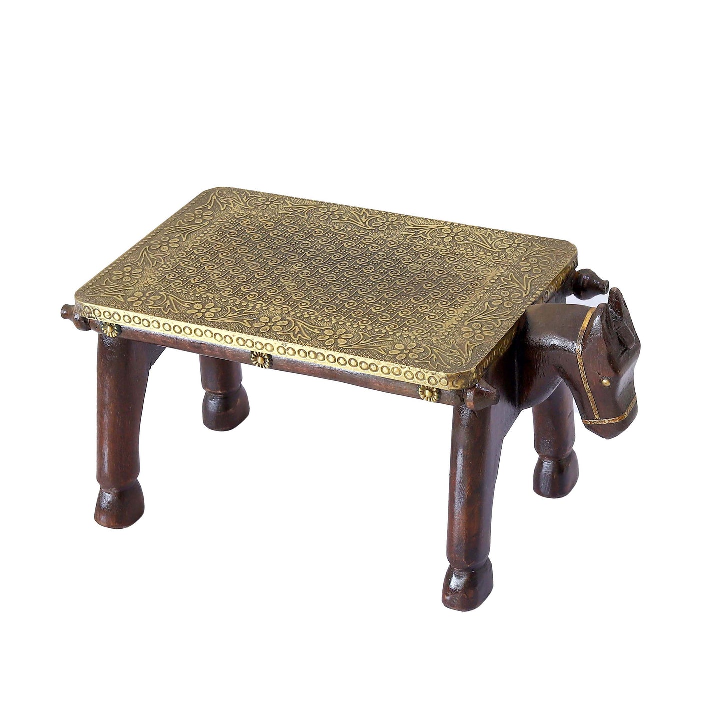 Wooden Horse Head Table/Brass Floral Fitting Stool/Indian Furniture/Wood Carved Side Table/Wood And Brass Work Bench/Folk Art