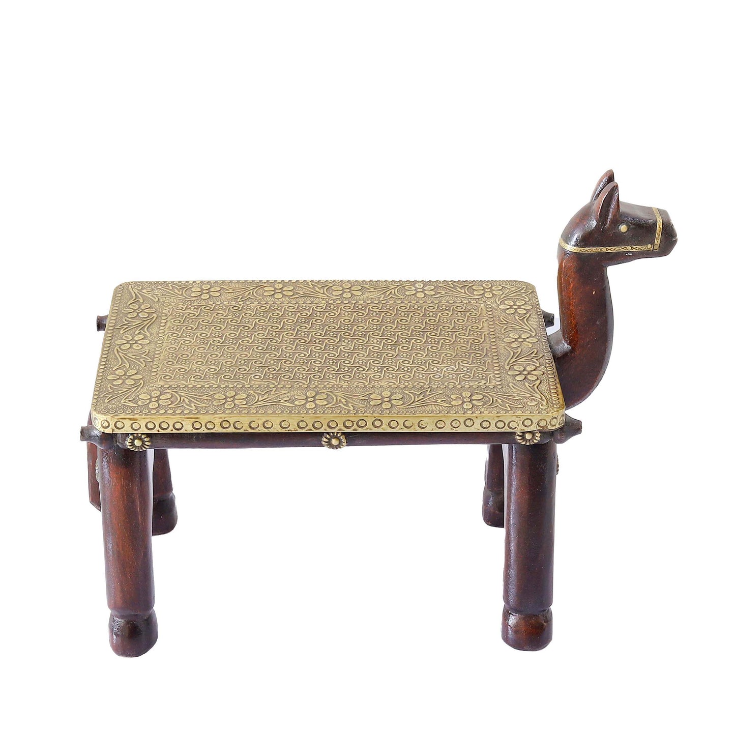 Wooden Camel Head Table/Brass Floral Fitting Stool/Indian Furniture/Wood Carved Side Table/Wood And Brass Work Bench/Folk Art