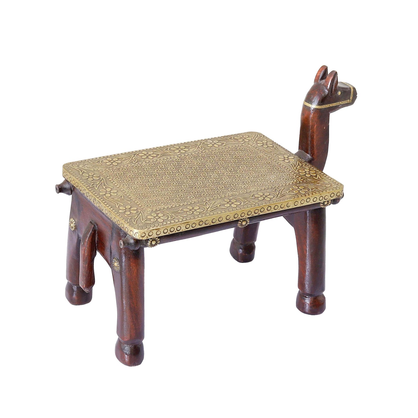 Wooden Camel Head Table/Brass Floral Fitting Stool/Indian Furniture/Wood Carved Side Table/Wood And Brass Work Bench/Folk Art