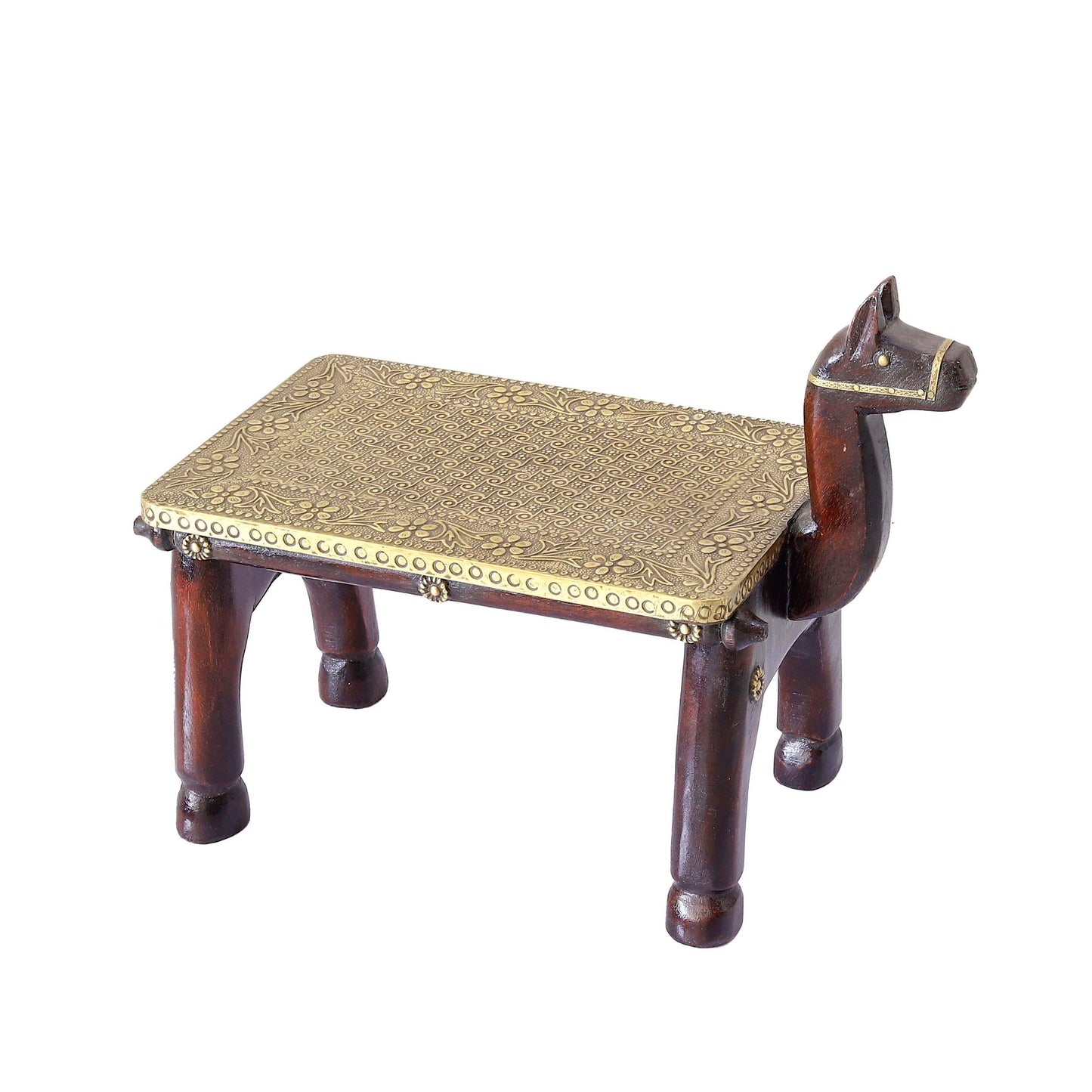 Wooden Camel Head Table/Brass Floral Fitting Stool/Indian Furniture/Wood Carved Side Table/Wood And Brass Work Bench/Folk Art