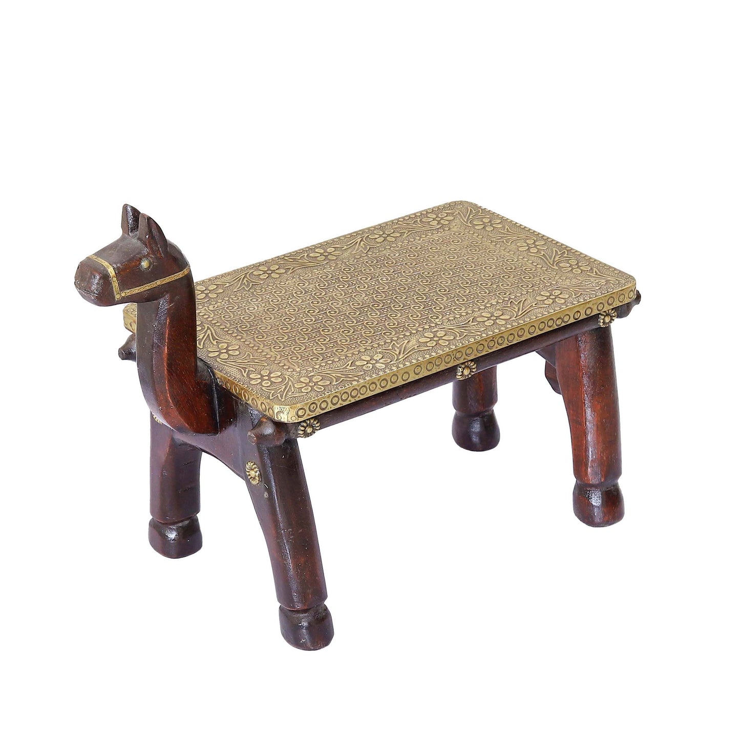 Wooden Camel Head Table/Brass Floral Fitting Stool/Indian Furniture/Wood Carved Side Table/Wood And Brass Work Bench/Folk Art
