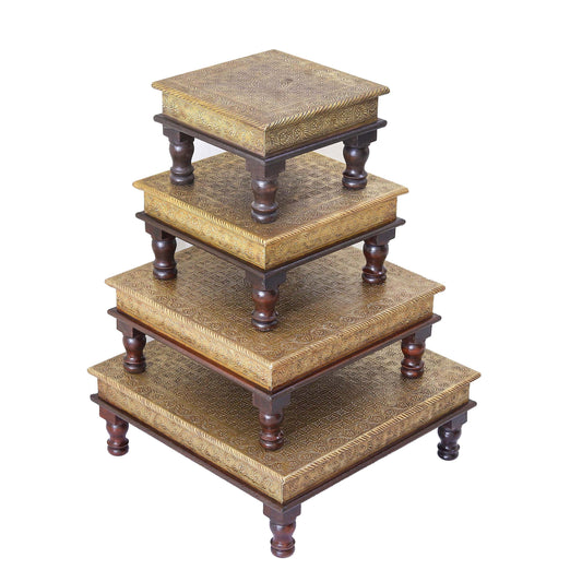Traditional Wooden Brass Chowki Set of 4