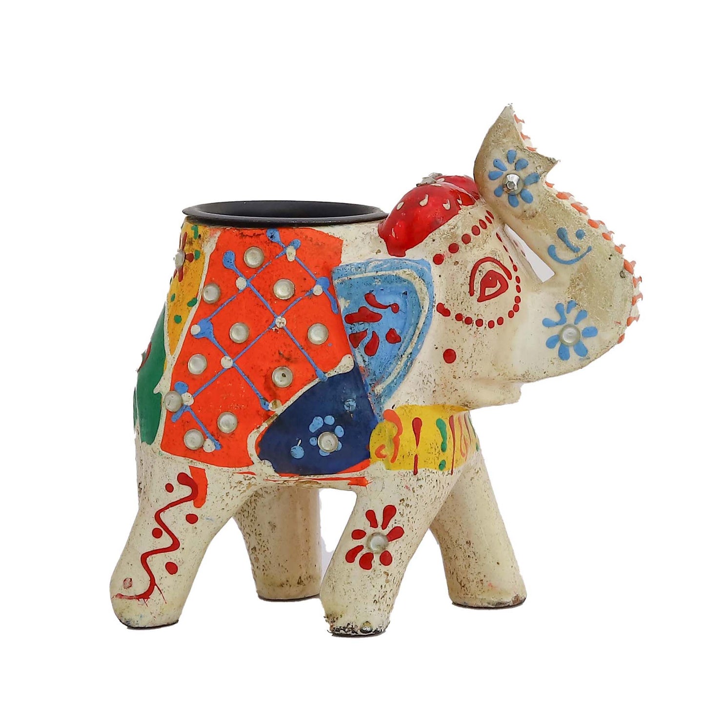 Hand-painted wooden candle elephant sculpture