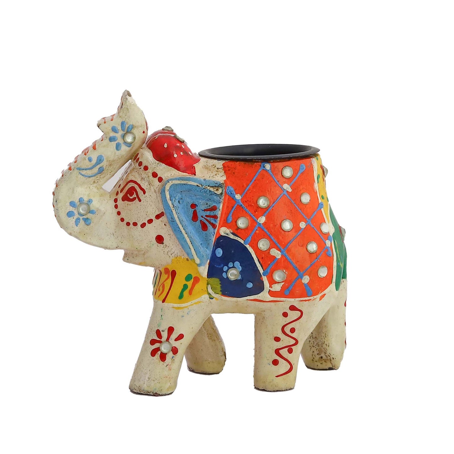 Hand-painted wooden candle elephant sculpture