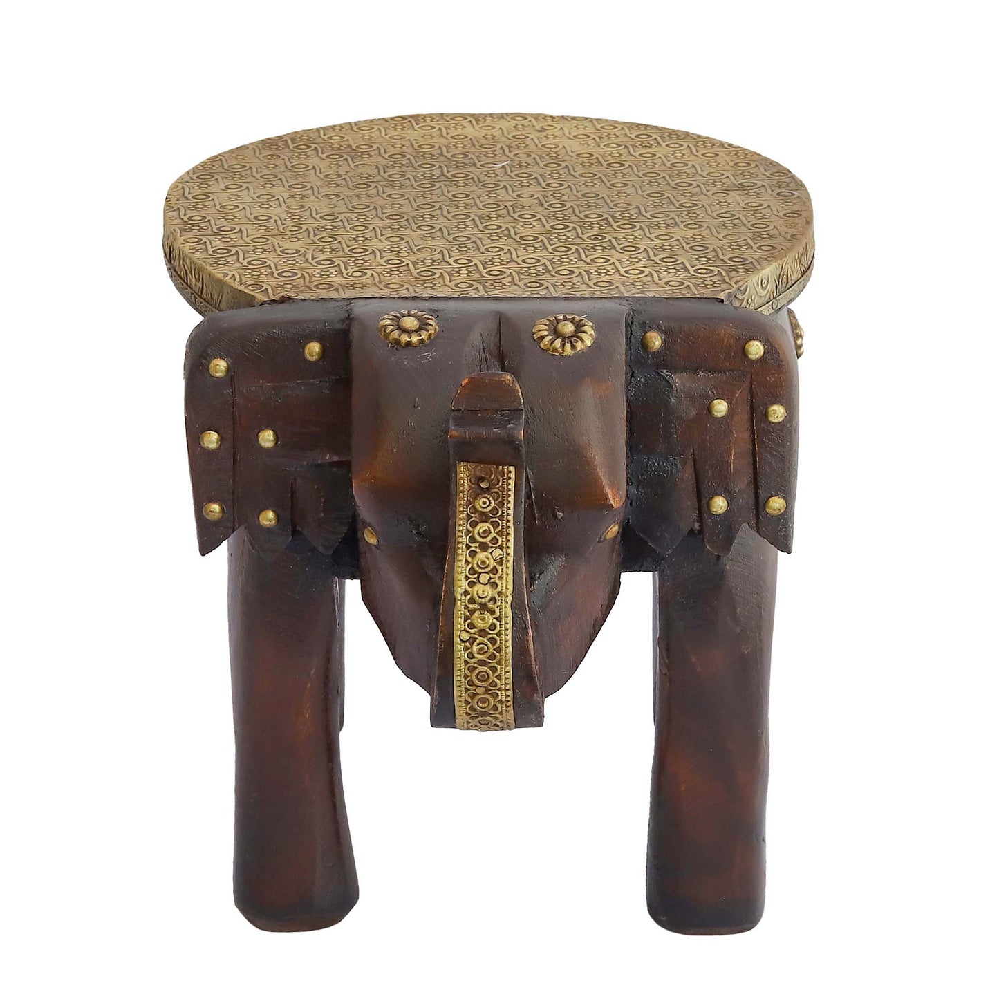 Wooden Brass Fitted Elephant Stool 8" Home Decorative Footstool Decorative Showpiece
