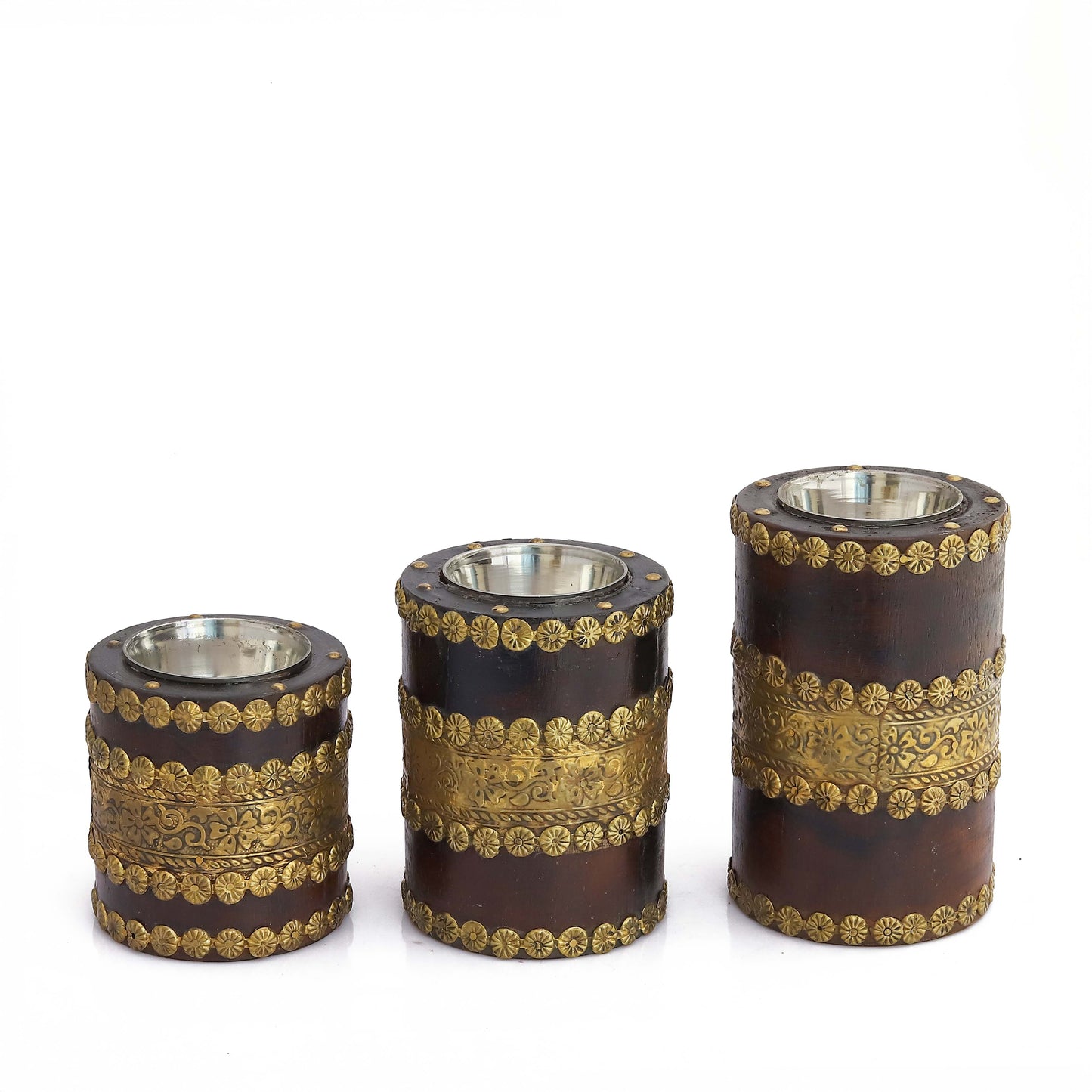 Mango Wood Handcrafted Table Centerpiece Pillar Candle Stand for Living Room - Teak Walnut Polish Finish Set of 3