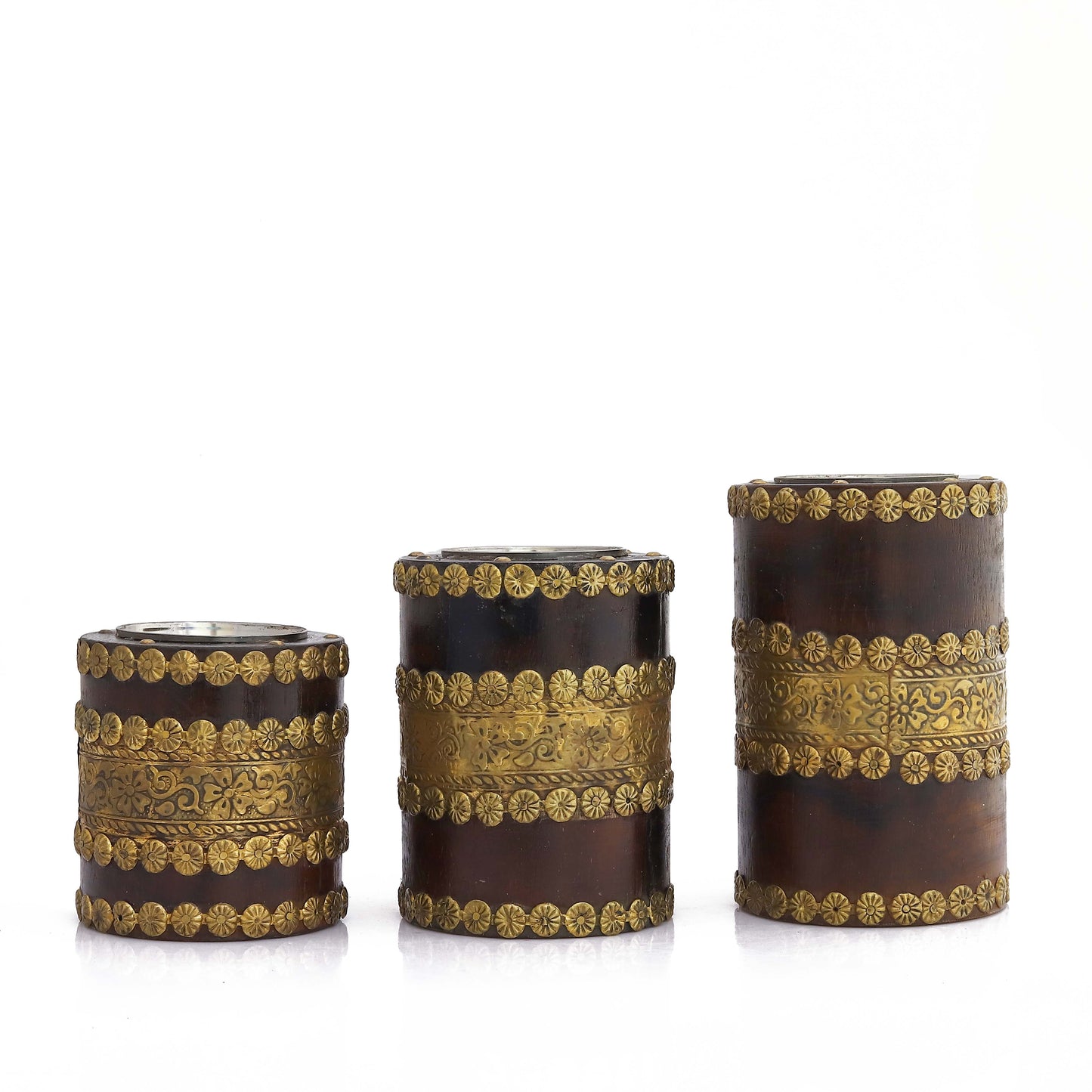Mango Wood Handcrafted Table Centerpiece Pillar Candle Stand for Living Room - Teak Walnut Polish Finish Set of 3
