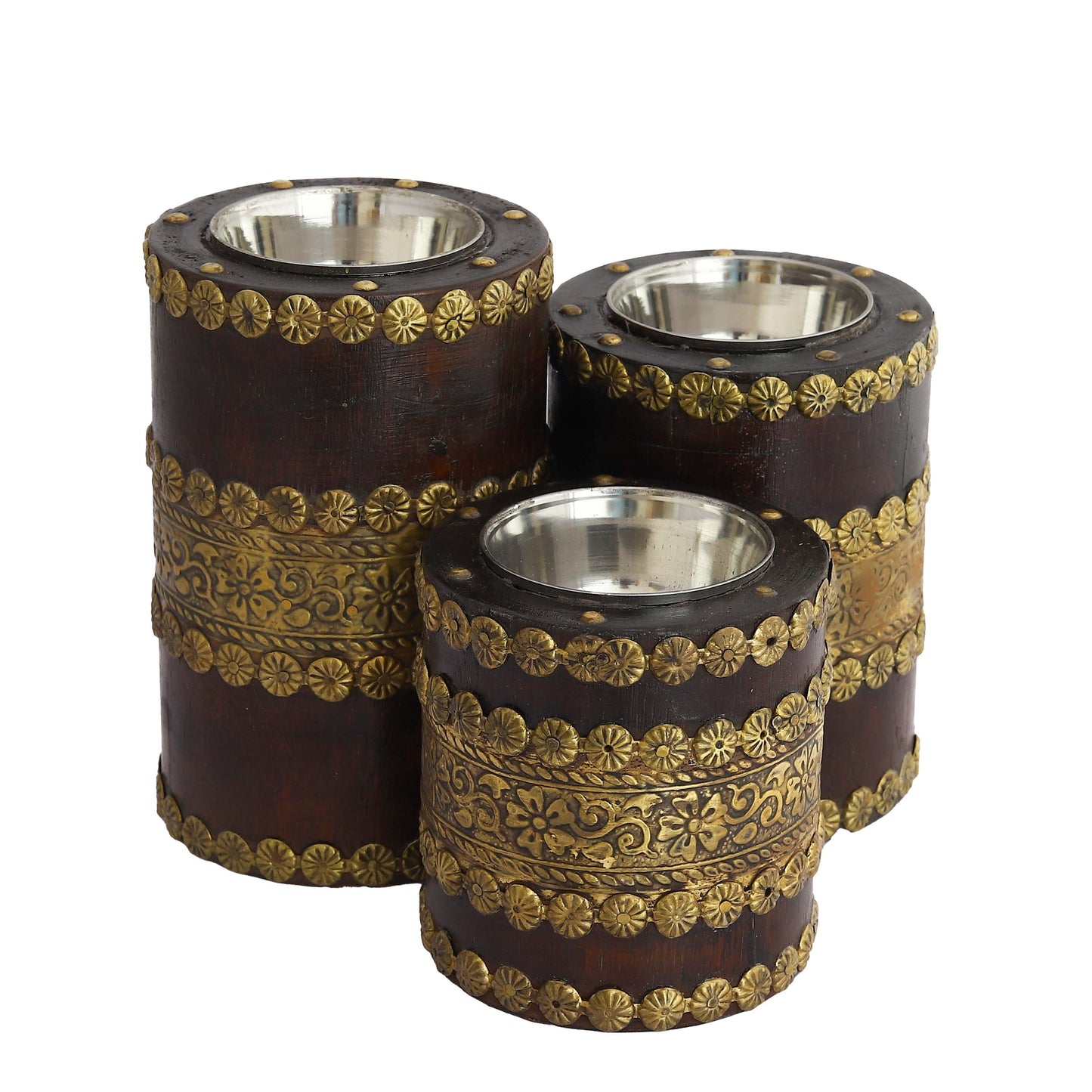 Mango Wood Handcrafted Table Centerpiece Pillar Candle Stand for Living Room - Teak Walnut Polish Finish Set of 3