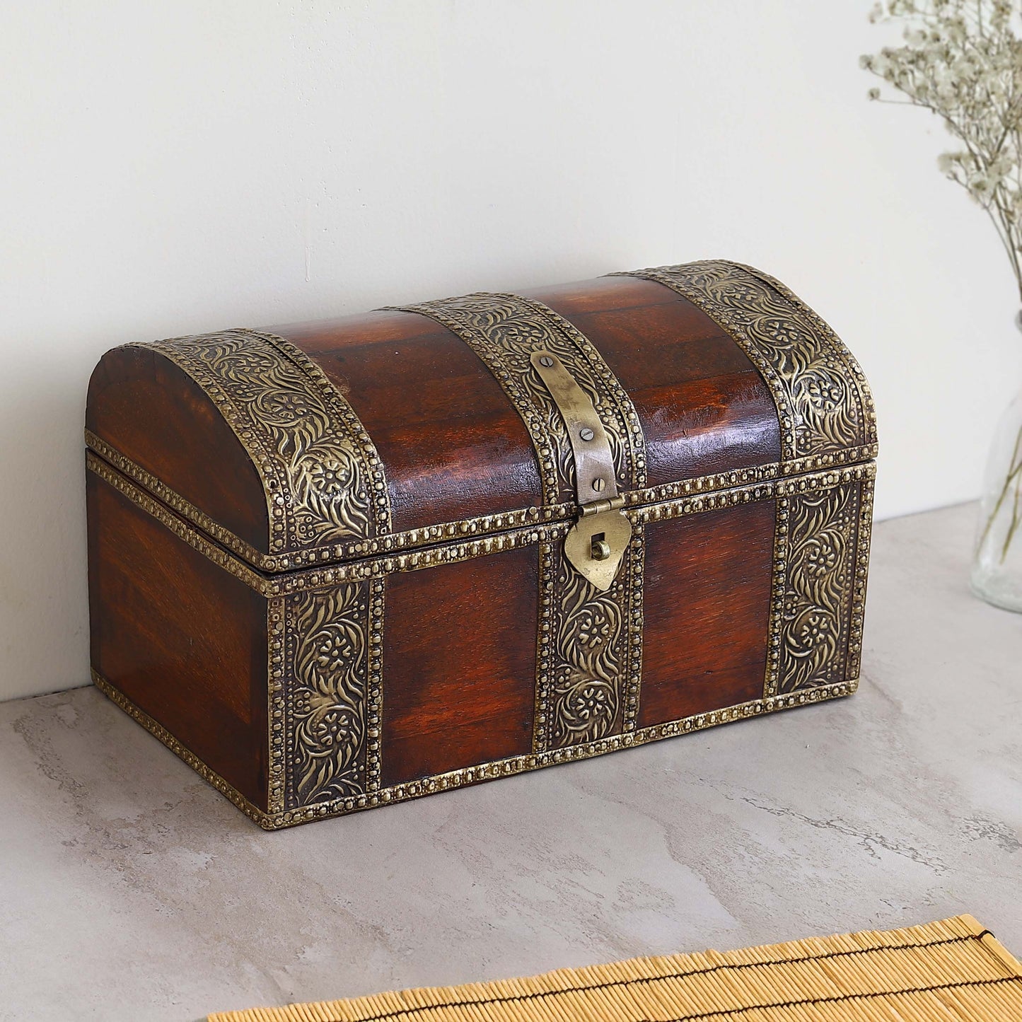 Wooden Jewellery Box for Women Jewel Organizer Square Carving with Brass Corner