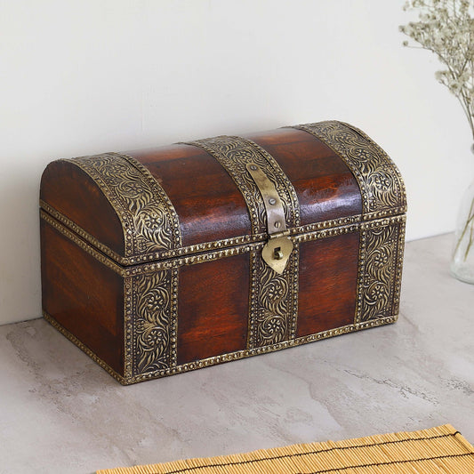 Wooden Jewellery Box for Women Jewel Organizer Square Carving with Brass Corner