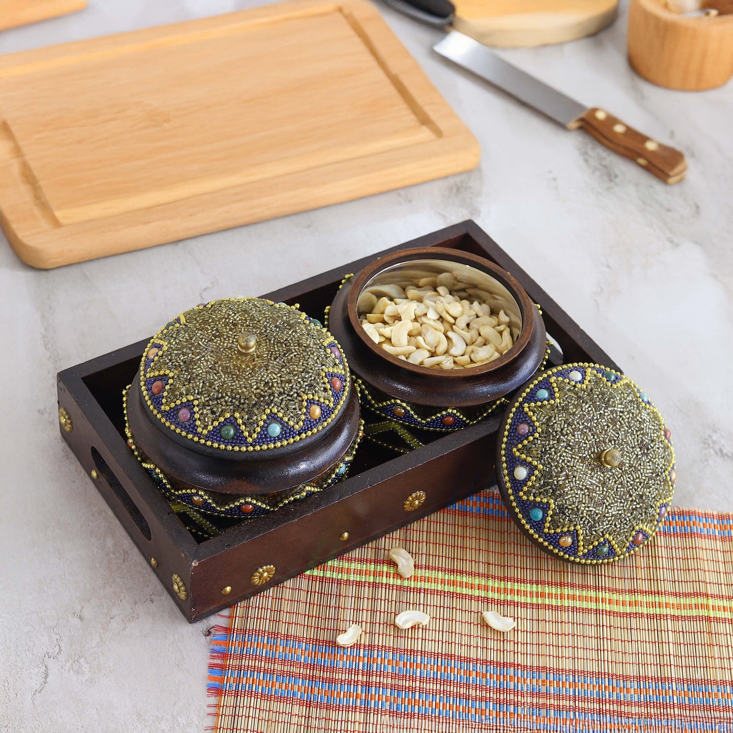 Handcrafted Wooden Dry Fruit & Spice Box with Wooden Bowls | Multipurpose Wooden Storage Container for Spices, Nuts & Snacks