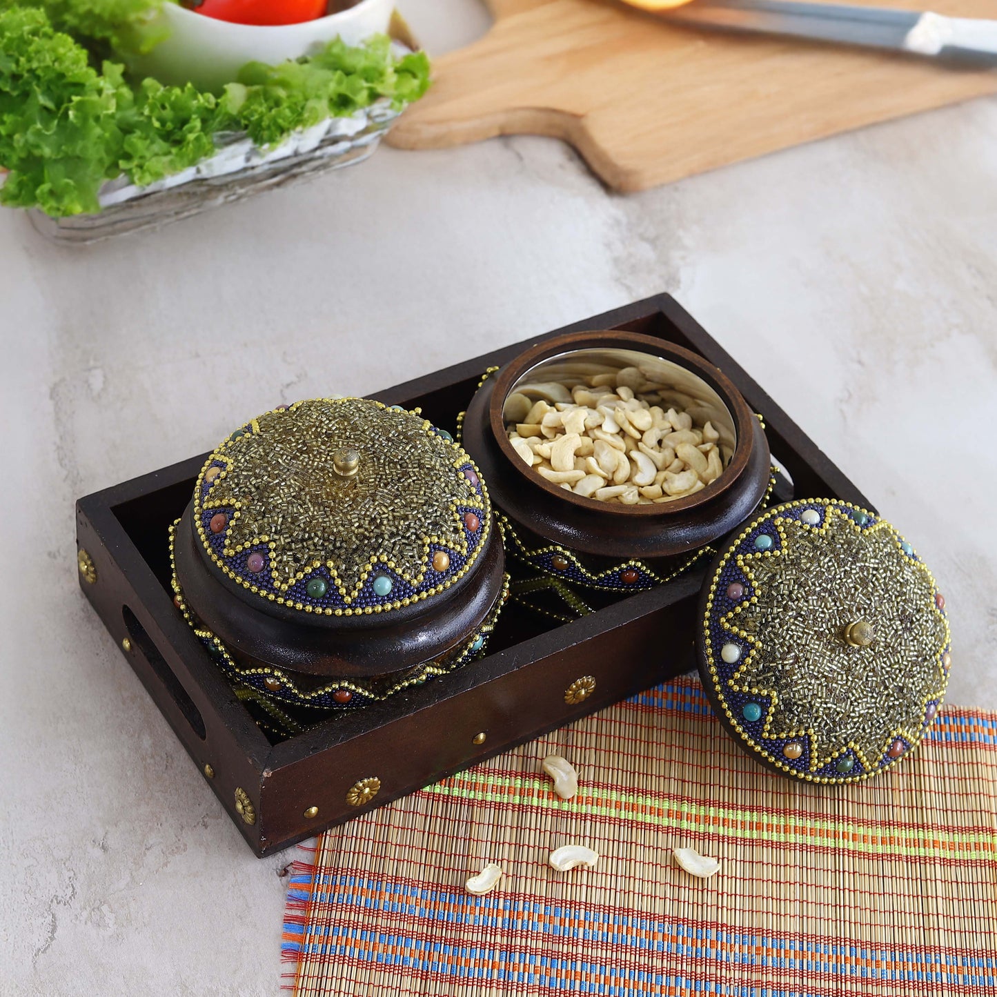Handcrafted Wooden Dry Fruit & Spice Box with Wooden Bowls | Multipurpose Wooden Storage Container for Spices, Nuts & Snacks