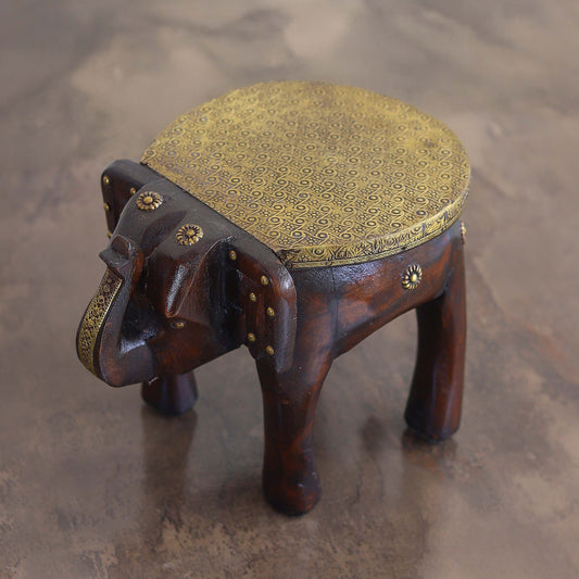 Wooden Brass Fitted Elephant Stool 8" Home Decorative Footstool Decorative Showpiece