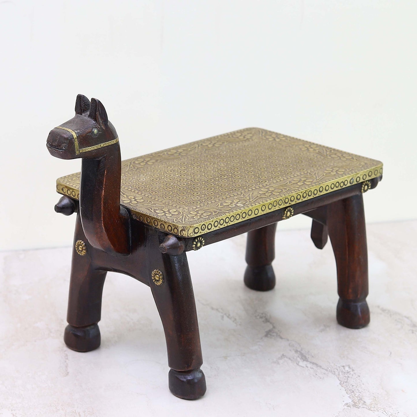 Wooden Camel Head Table/Brass Floral Fitting Stool/Indian Furniture/Wood Carved Side Table/Wood And Brass Work Bench/Folk Art