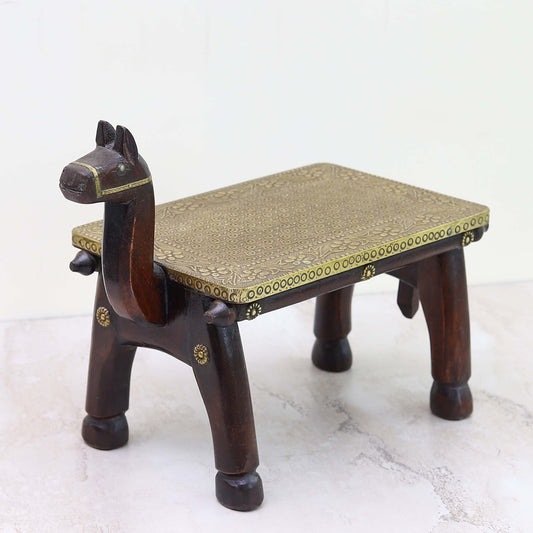 Wooden Camel Head Table/Brass Floral Fitting Stool/Indian Furniture/Wood Carved Side Table/Wood And Brass Work Bench/Folk Art