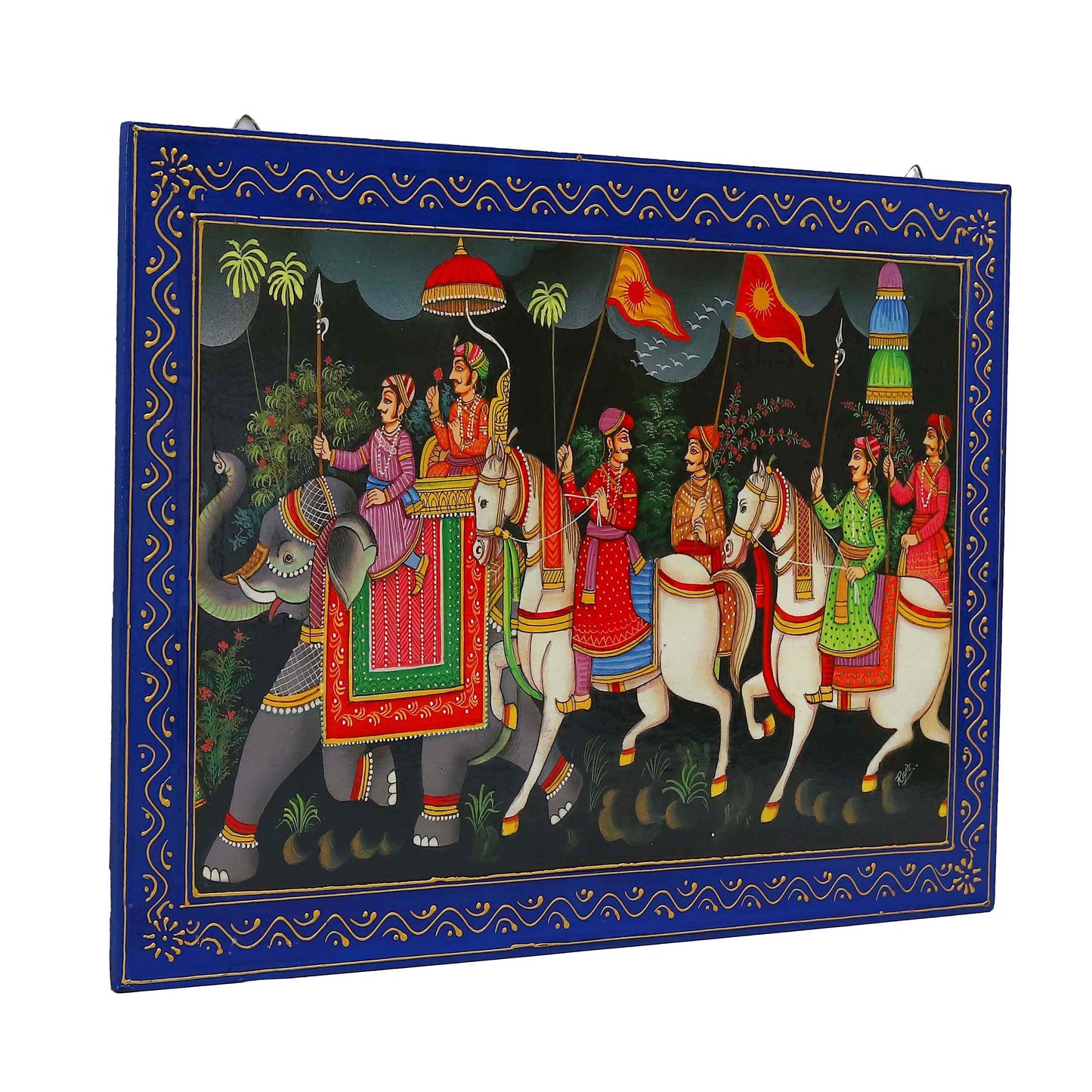 Traditional Wooden Painting of Maharaja on a Visit with Troops