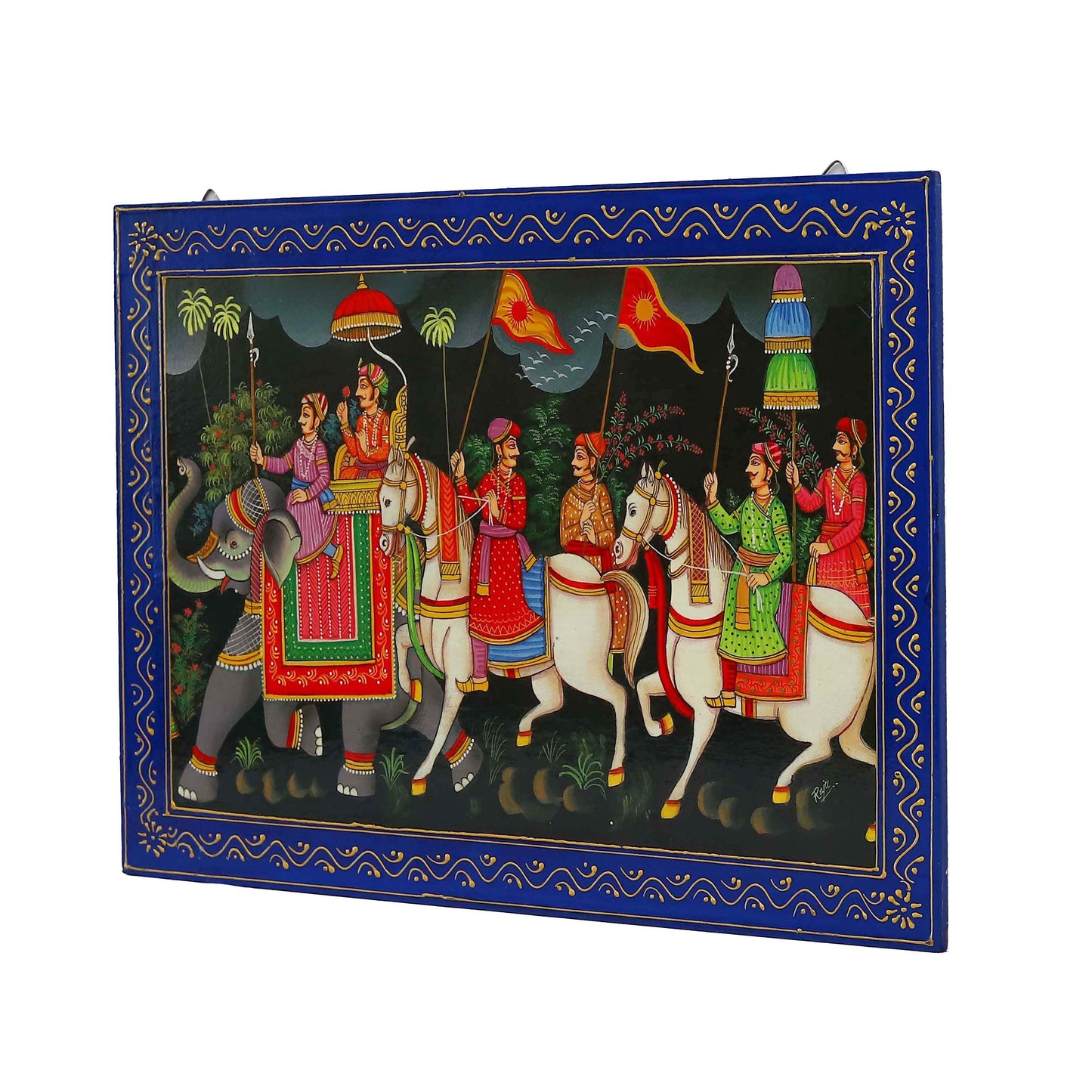 Traditional Wooden Painting of Maharaja on a Visit with Troops