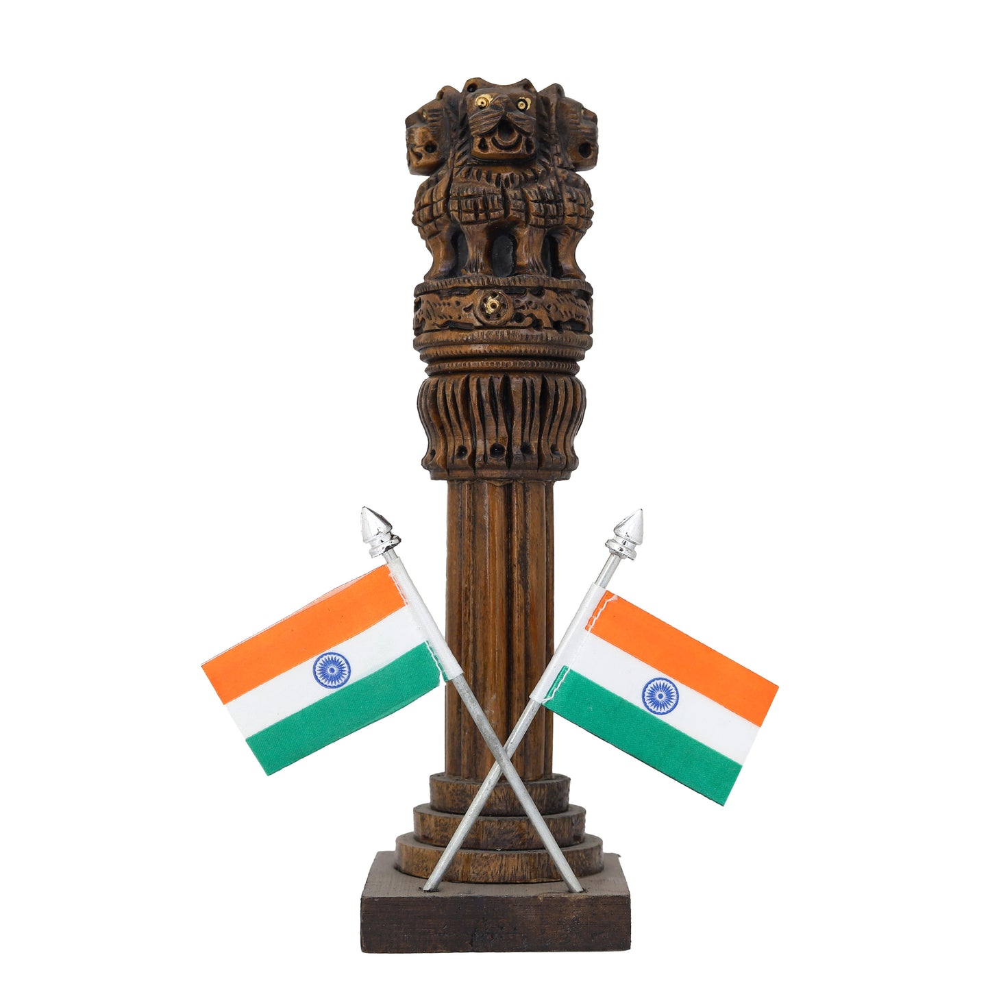 Wooden Carved Ashoka Stambh Pillar with Flags – Antique Copper Finish Premium Desk Décor | Office & Home Display | Ideal Gifting Item