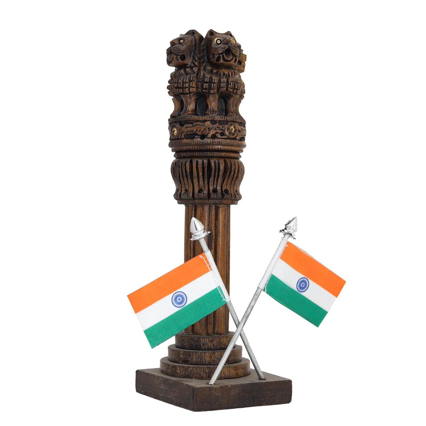 Wooden Carved Ashoka Stambh Pillar with Flags – Antique Copper Finish Premium Desk Décor | Office & Home Display | Ideal Gifting Item