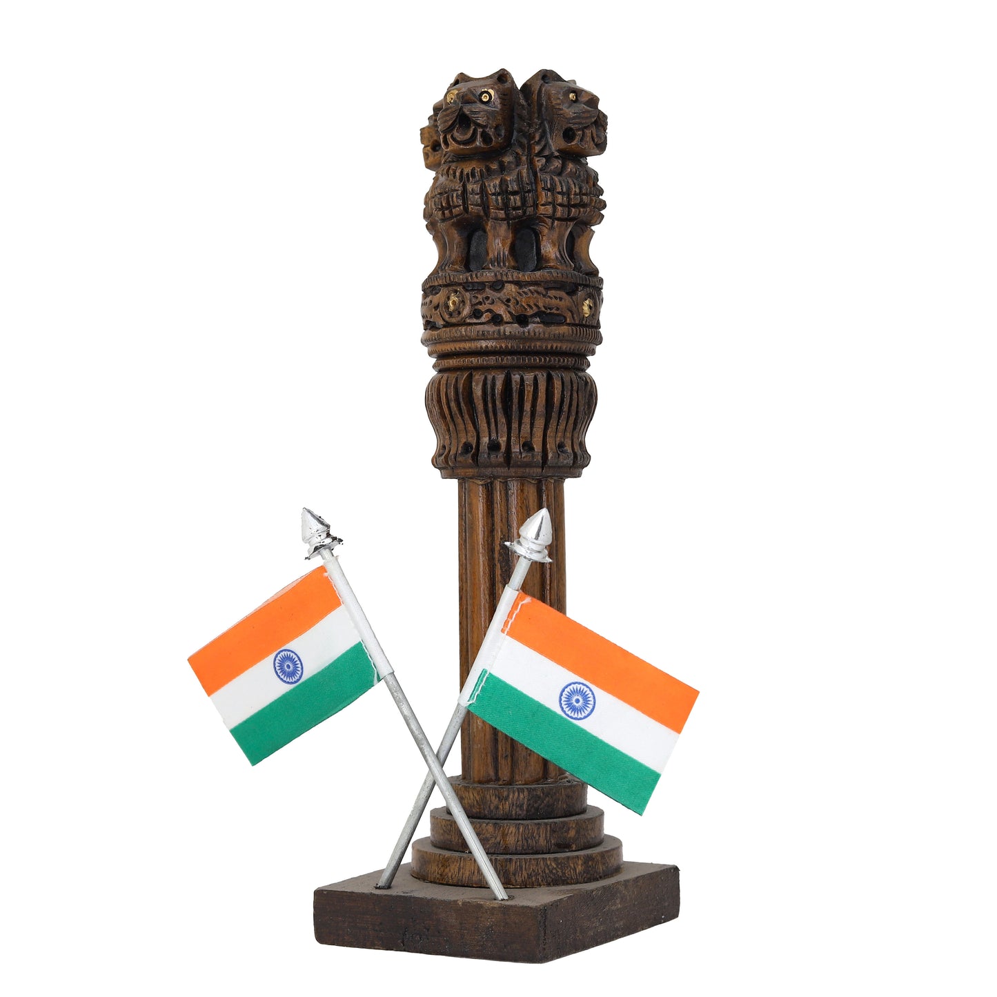 Wooden Carved Ashoka Stambh Pillar with Flags – Antique Copper Finish Premium Desk Décor | Office & Home Display | Ideal Gifting Item
