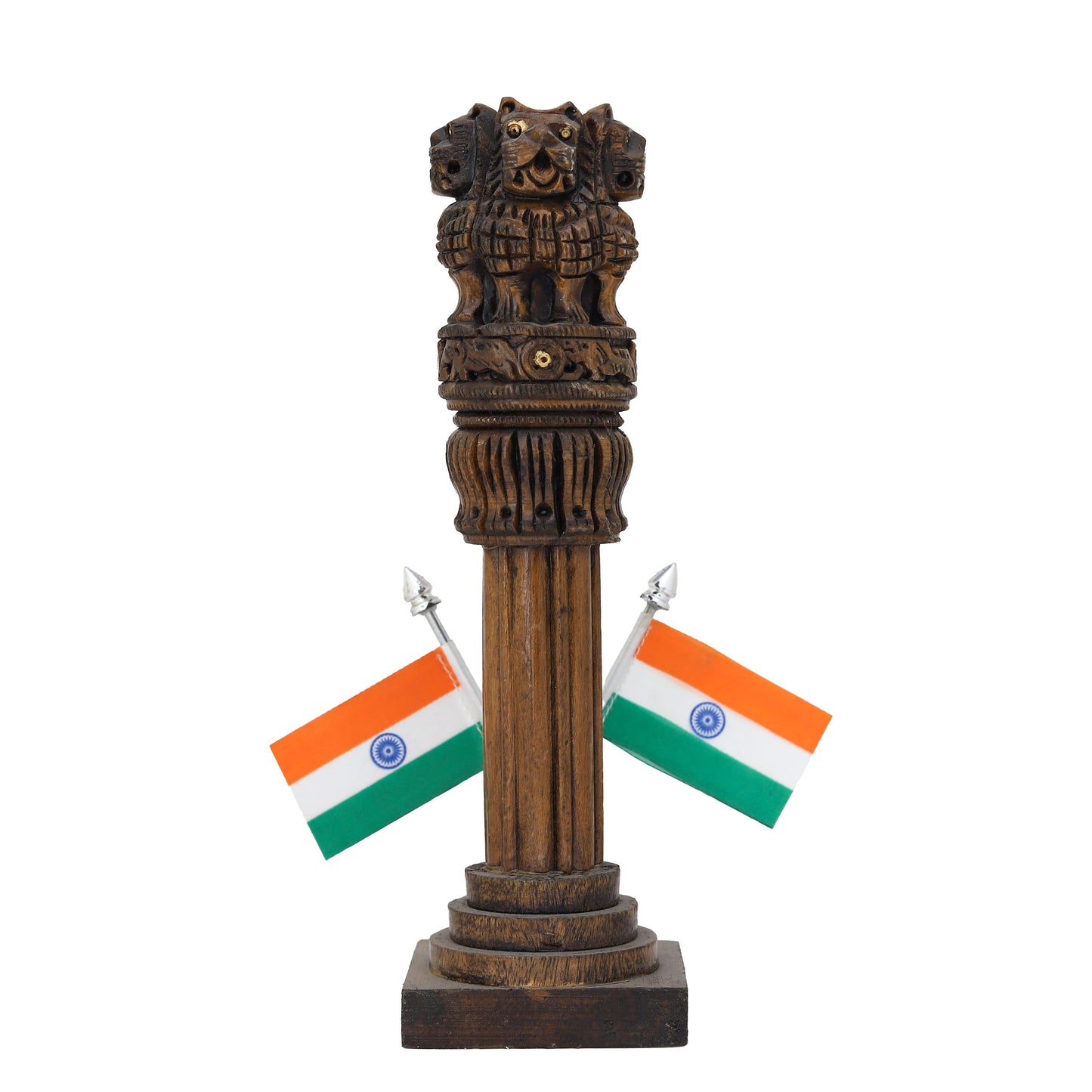 Wooden Carved Ashoka Stambh Pillar with Flags – Antique Copper Finish Premium Desk Décor | Office & Home Display | Ideal Gifting Item