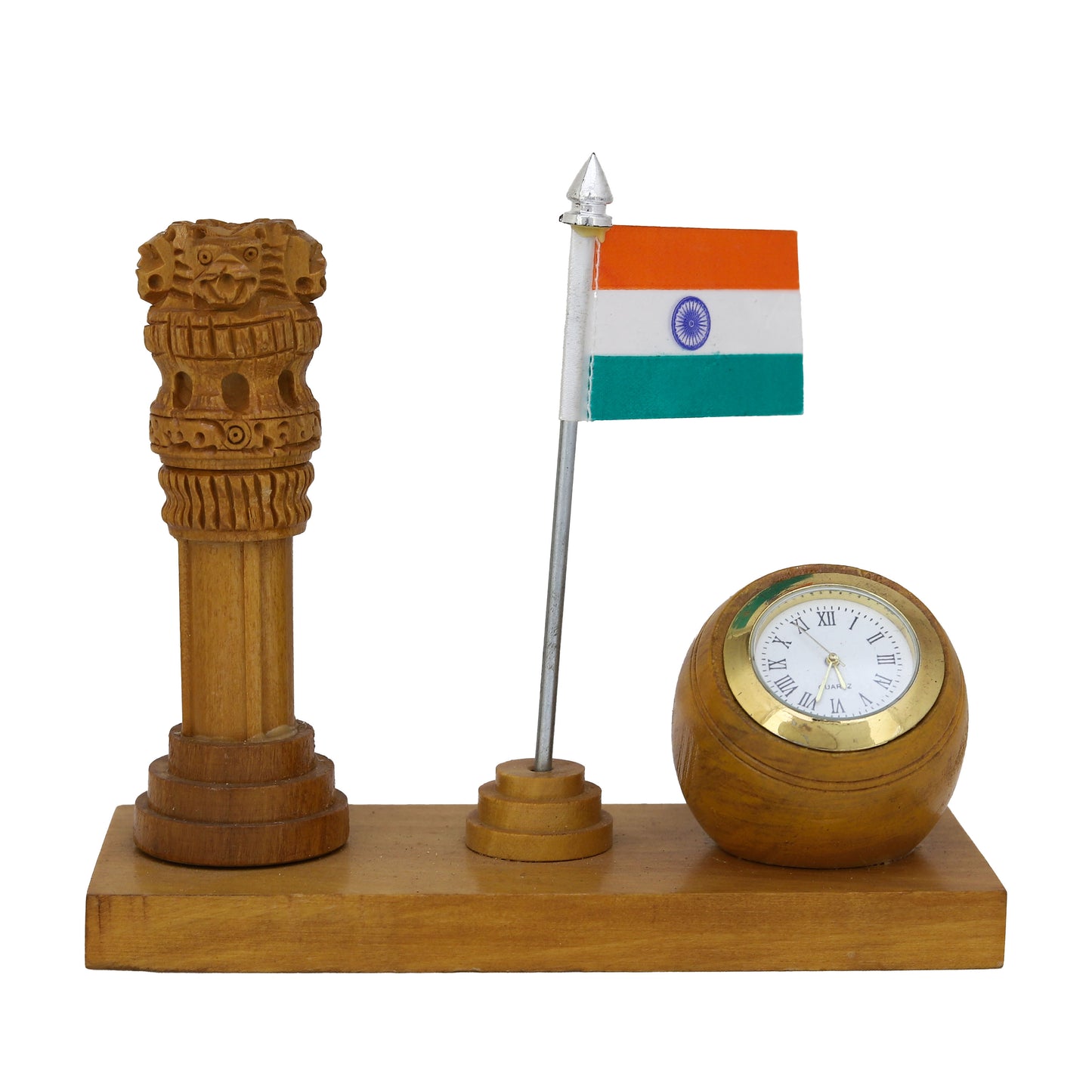 Wooden Stylish Ashoka Stambh Stand with Clock & Flag Elegant Desk Organizer | Patriotic Gift | Office & Home Décor