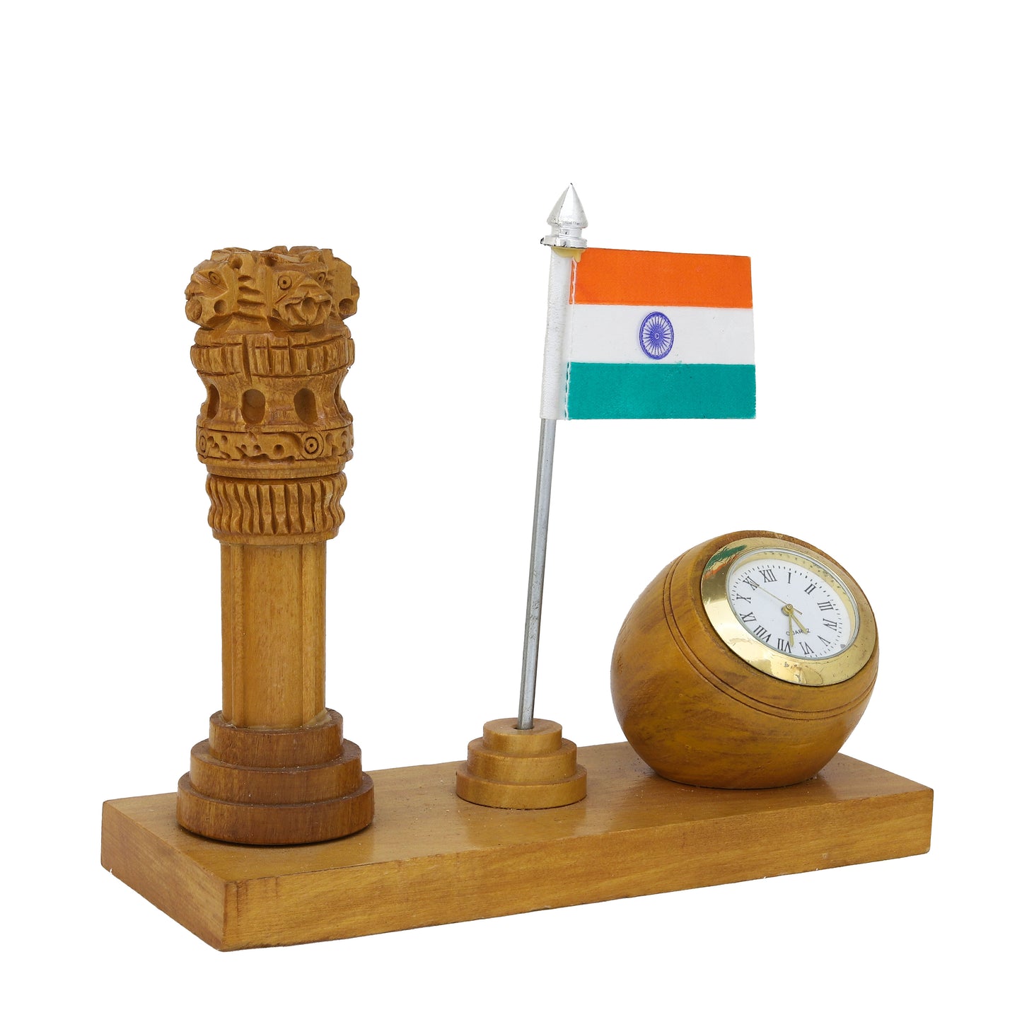 Wooden Stylish Ashoka Stambh Stand with Clock & Flag Elegant Desk Organizer | Patriotic Gift | Office & Home Décor