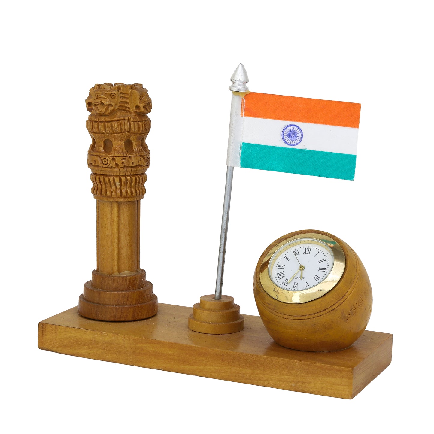 Wooden Stylish Ashoka Stambh Stand with Clock & Flag Elegant Desk Organizer | Patriotic Gift | Office & Home Décor