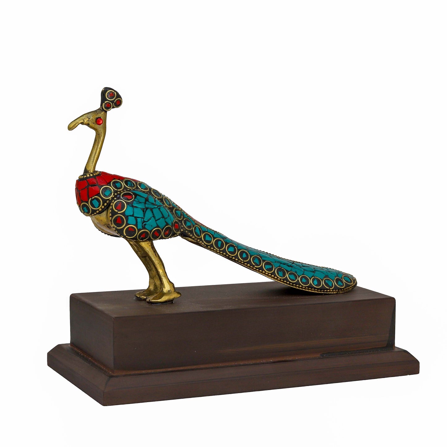 Brass Peacock Bird Figurine with Stone Work – Elegant Tabletop Showpiece for Home & Living Room Décor