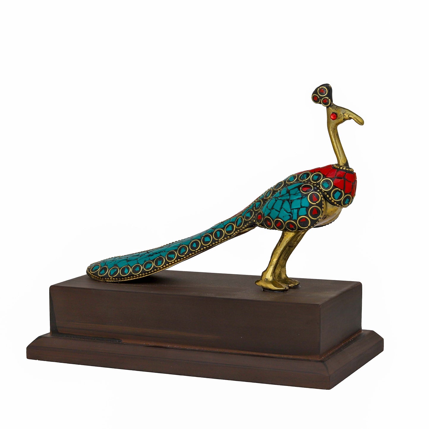 Brass Peacock Bird Figurine with Stone Work – Elegant Tabletop Showpiece for Home & Living Room Décor