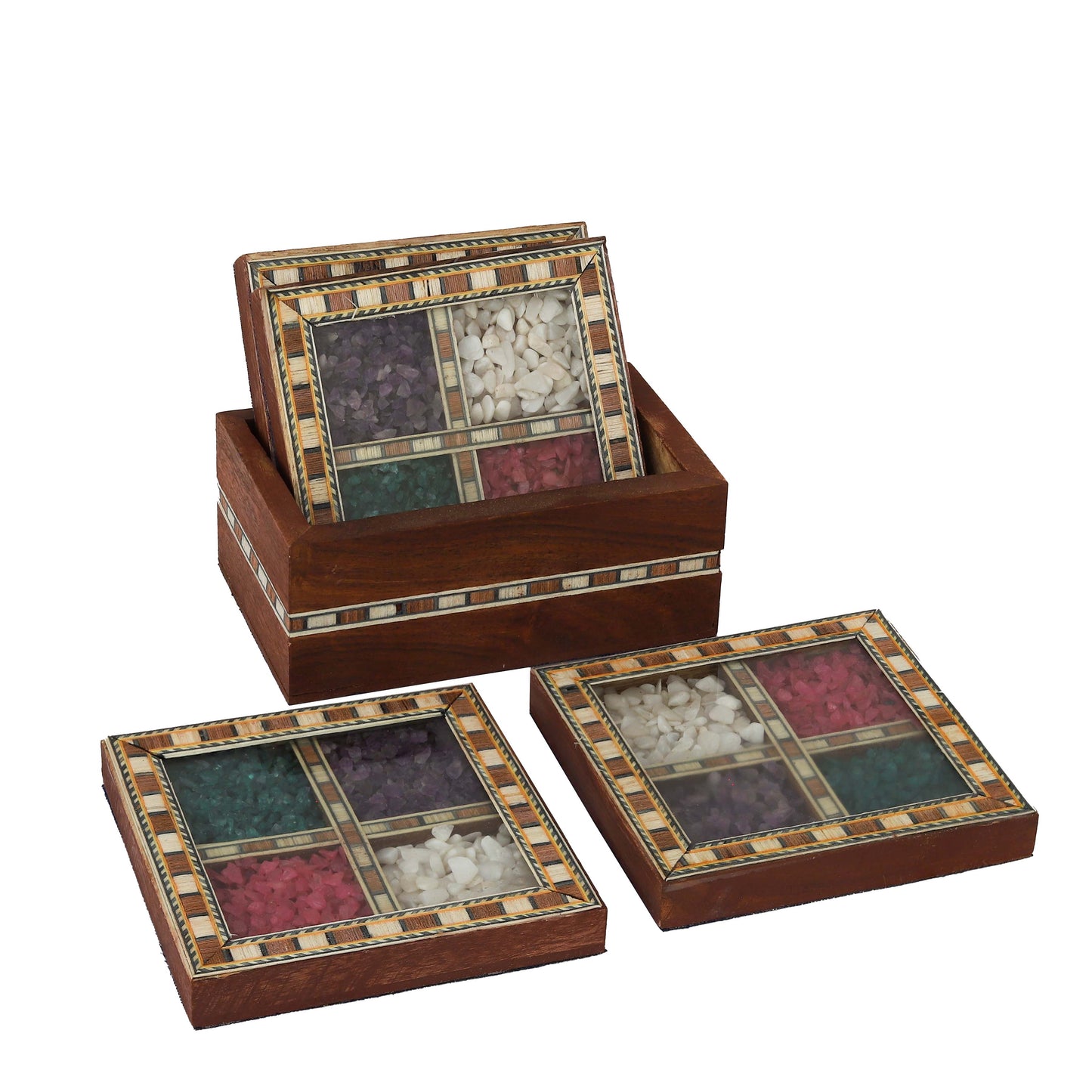 Antique Design Gemstone Wooden Tea Coaster Set (Set of 4) Elegant Handcrafted Coasters for Tea, Coffee & Table Décor