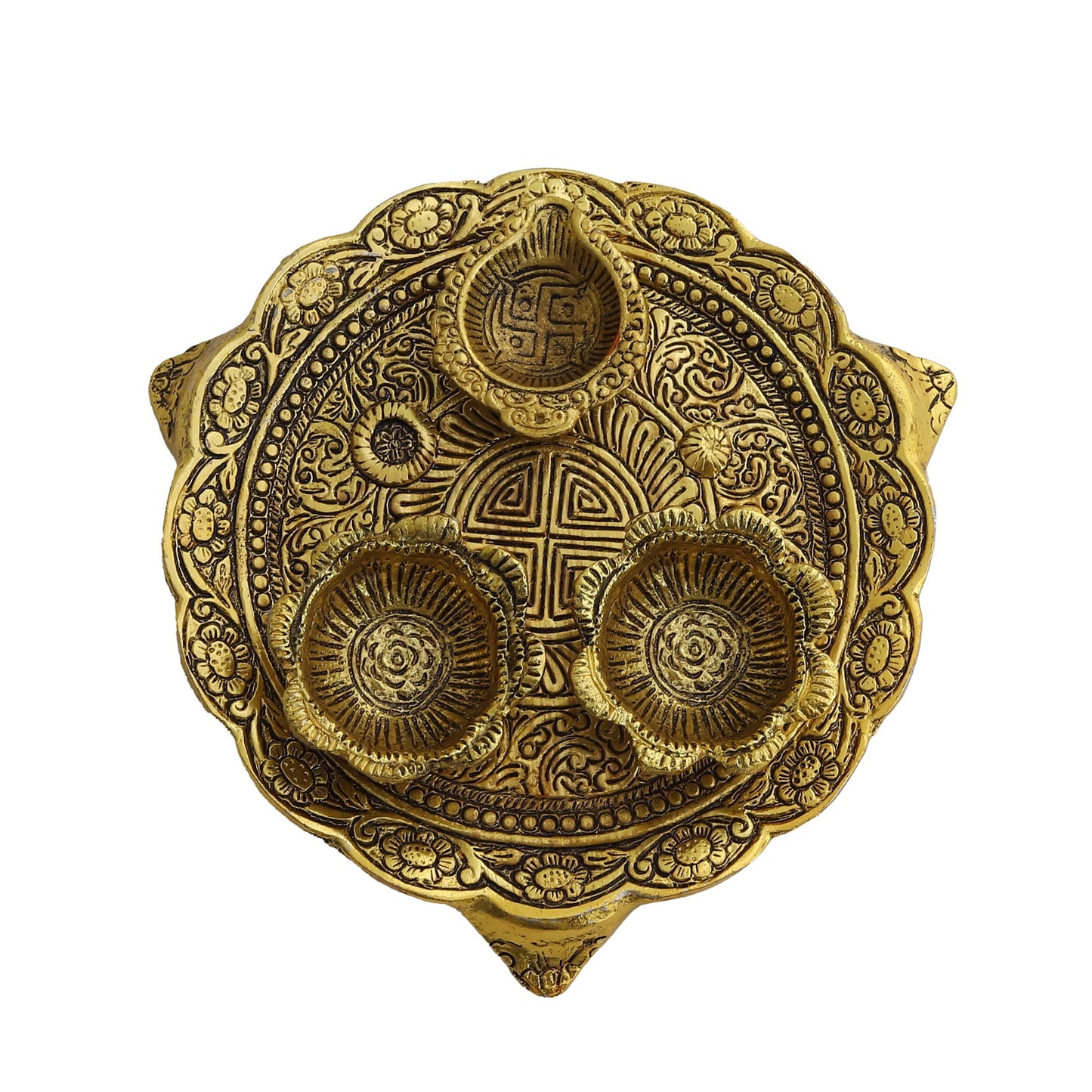 Metal Pooja Thali with Diya, Swastik & Floral Design Traditional Pooja Plate for Festivals, Rituals & Gifting