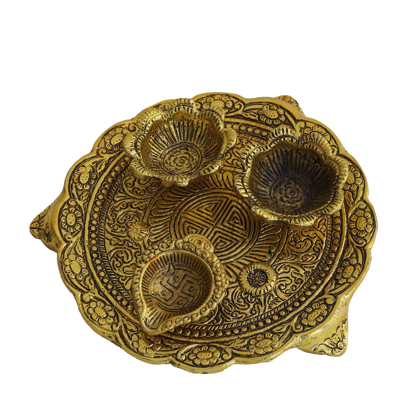 Metal Pooja Thali with Diya, Swastik & Floral Design Traditional Pooja Plate for Festivals, Rituals & Gifting