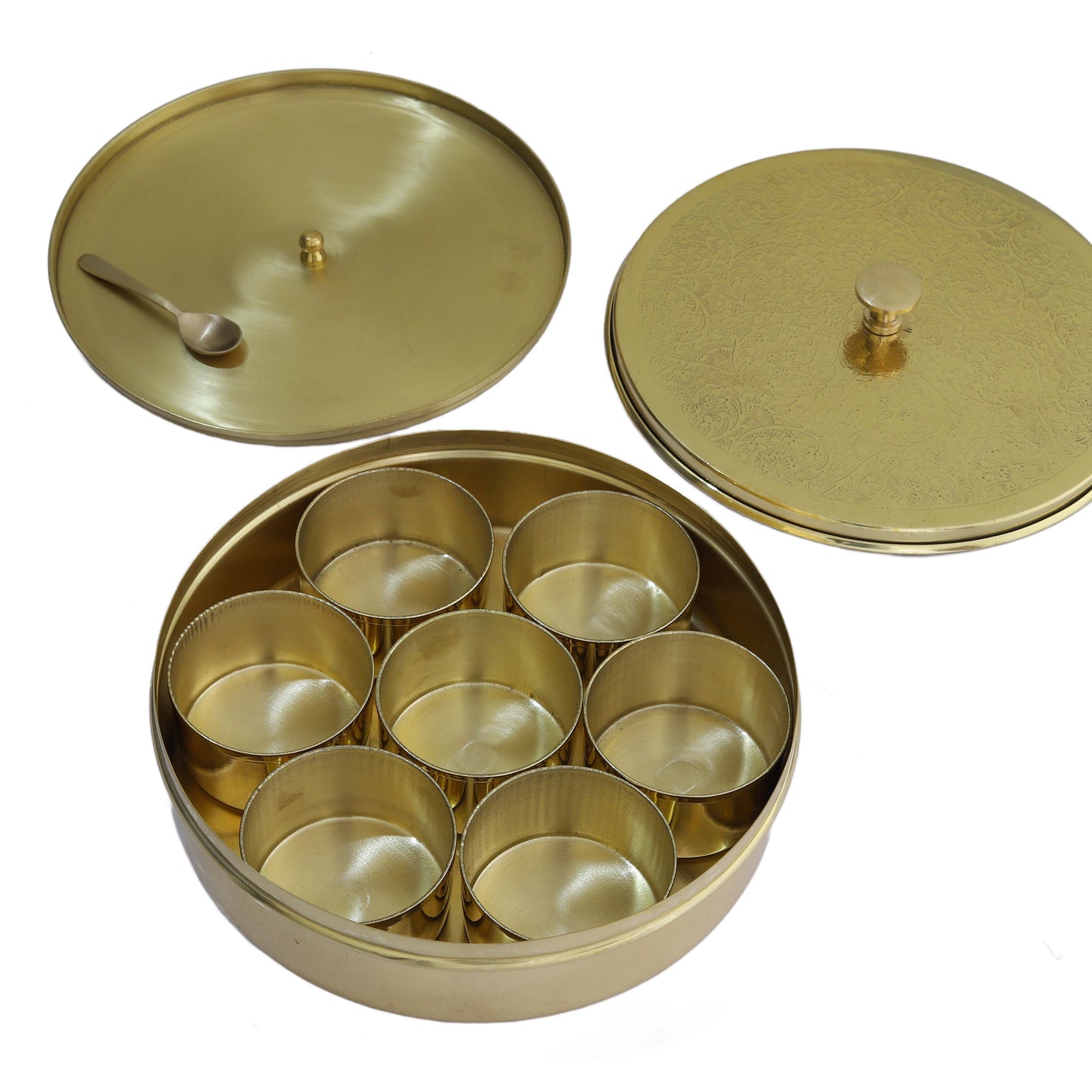Pure Brass Spice Box for Kitchen – Traditional Masala Container with 7 Detachable Compartments & Spoon (40ml Each)