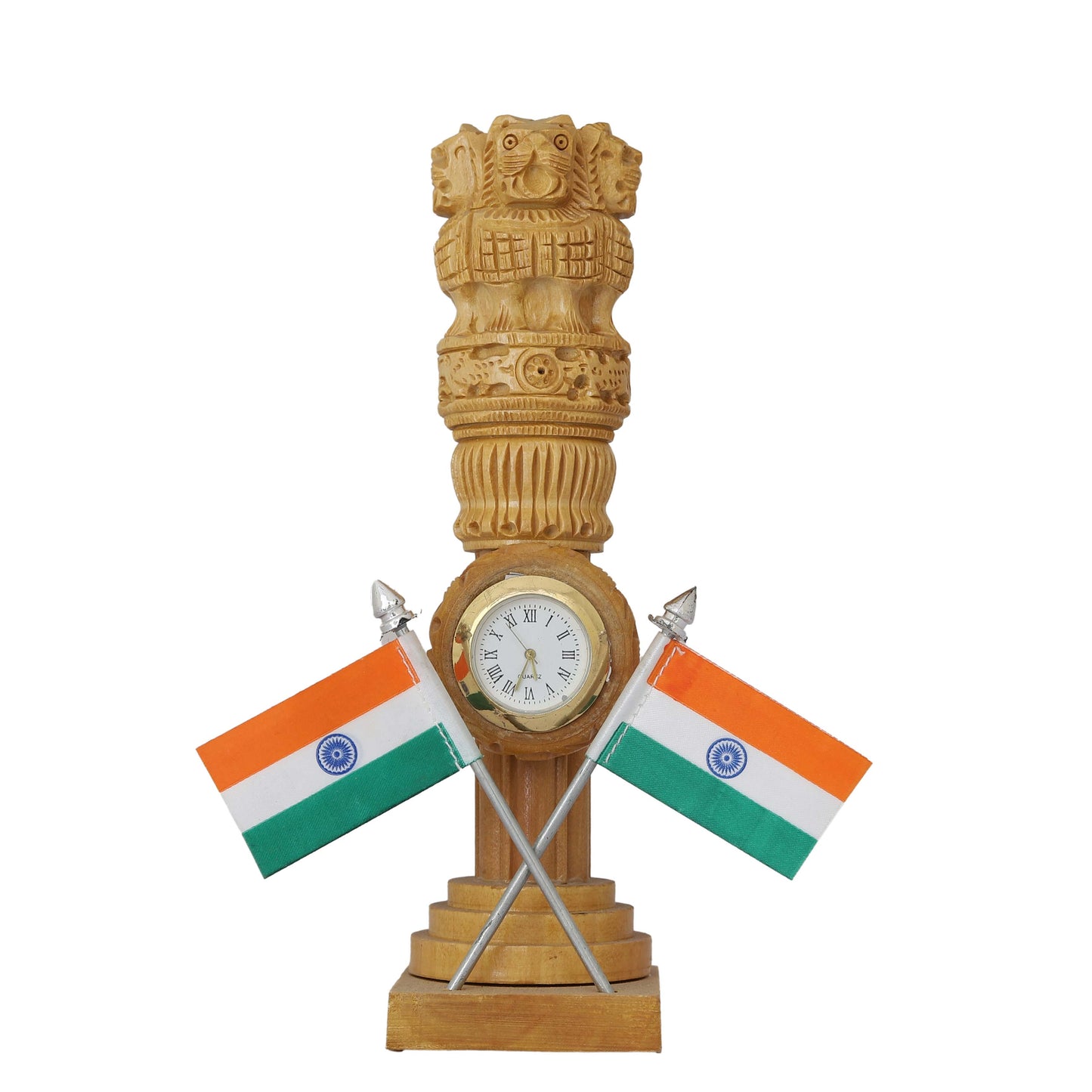 Wooden Carved Ashoka Stambh Pillar with Flags & Clock (Brown)