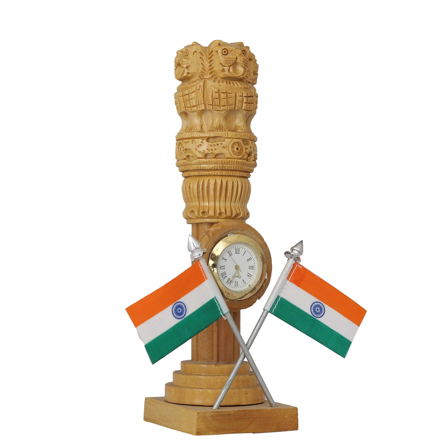 Wooden Carved Ashoka Stambh Pillar with Flags & Clock (Brown)