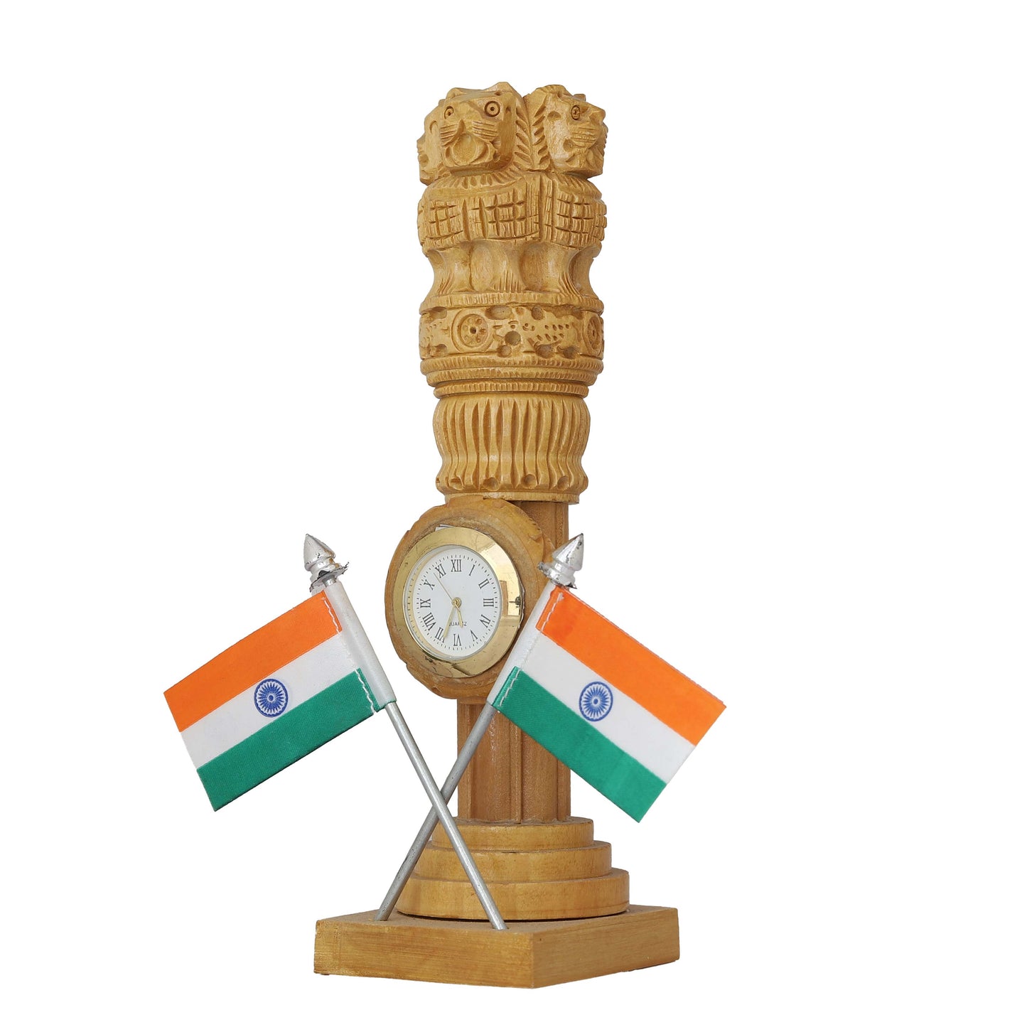 Wooden Carved Ashoka Stambh Pillar with Flags & Clock (Brown)