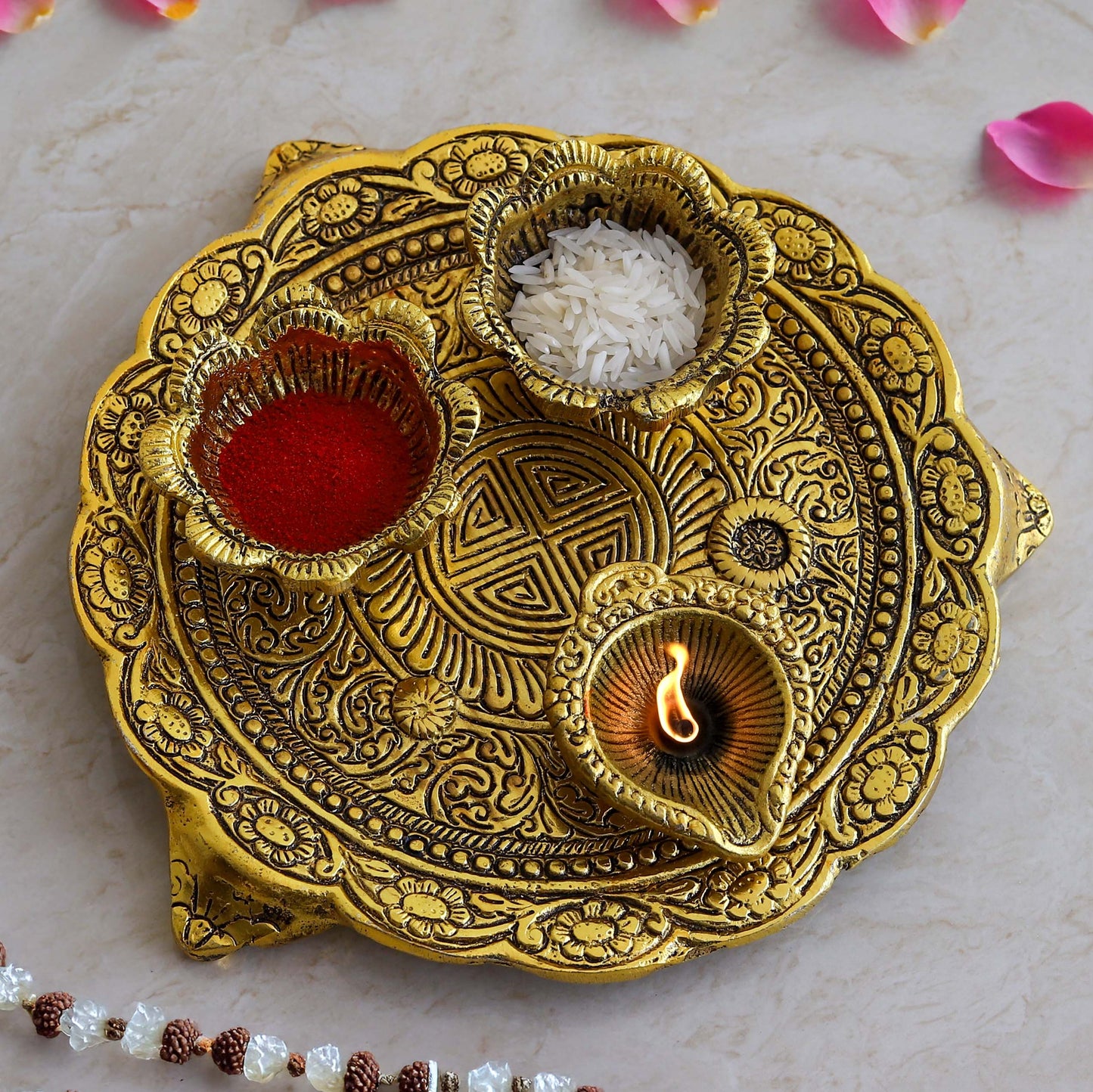 Metal Pooja Thali with Diya, Swastik & Floral Design Traditional Pooja Plate for Festivals, Rituals & Gifting