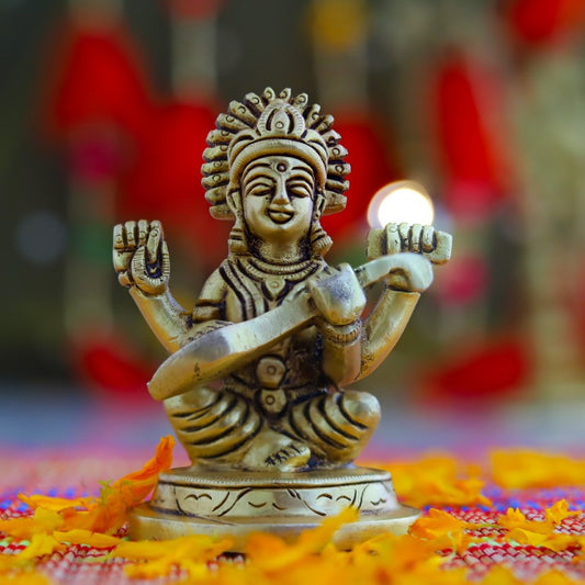 Brass Maa Saraswati Idol Murti Statue for Home Pooja Puja Mandir Décor