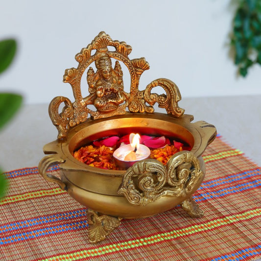 Brass Ethnic Indian Carved Laxmi Design Brass Urli Decor Bowl